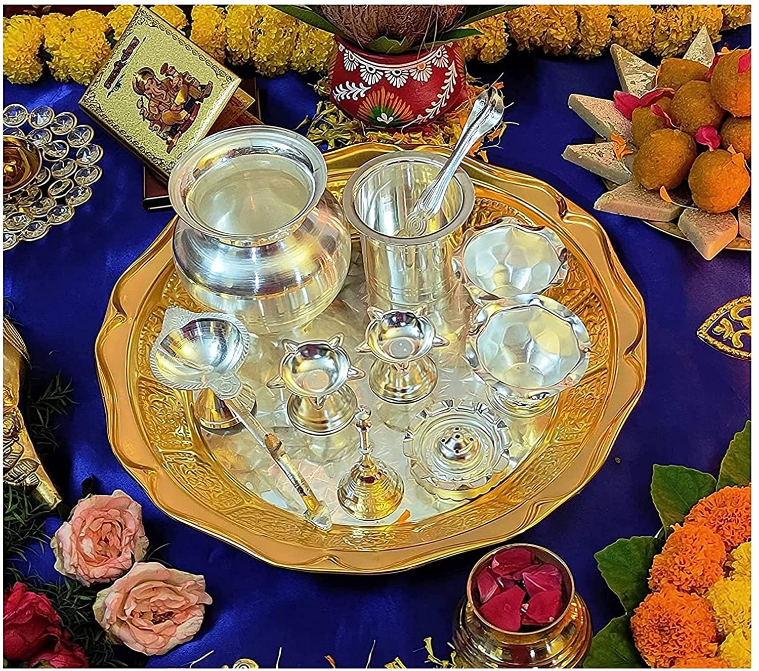 Bengalen Baahubali Pooja thali Set Gold and Silver Plated with Accessories Puja Thali for Diwali, Home, Office, Wedding Return Gift