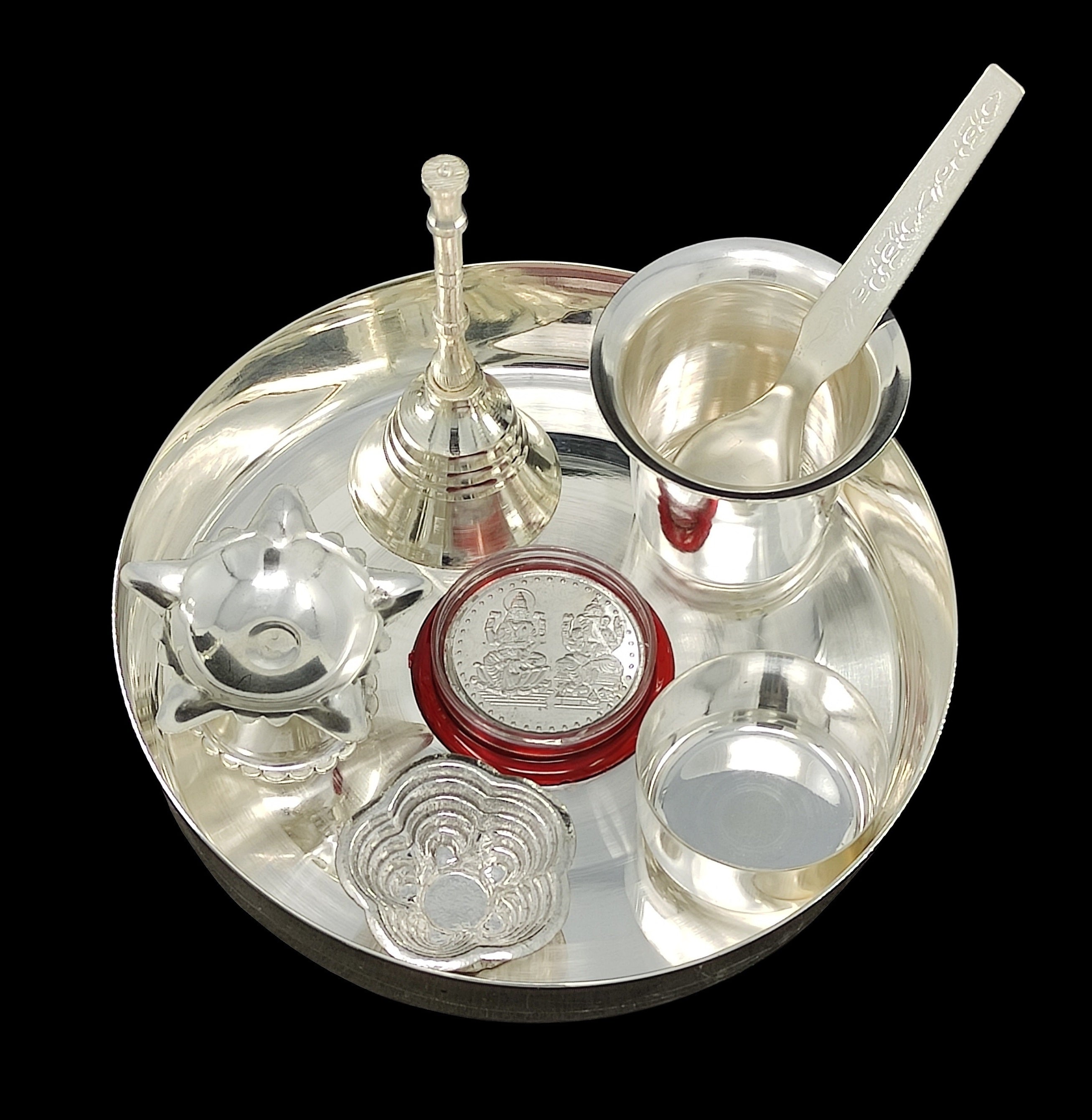 BENGALEN Silver Plated Pooja Thali Set 5 Inch Plate Kumkum Holder Diya Ghanti Glass Spoon Bowl Ganesh Lakshmi Coin Premium Puja Decorative for Home Office Wedding Return Gift Items