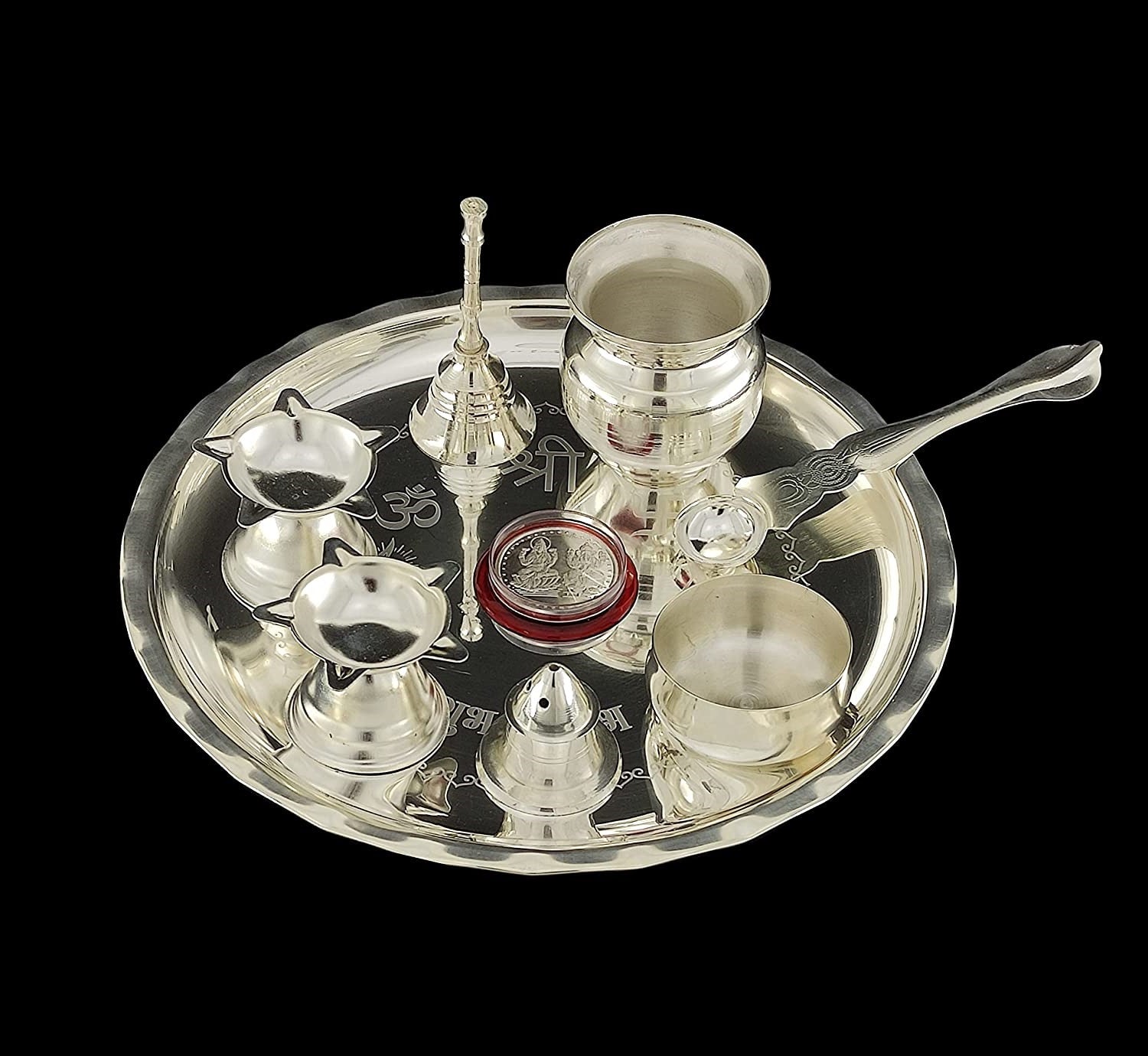 BENGALEN Silver Plated Pooja thali Set 8 Inch Plate Diya Ghanti Kalash Palli Bowl Dhup Dan Ganesh Lakshmi Coin Puja Thali for Diwali Home Mandir Office Festive Wedding Return Gift Items