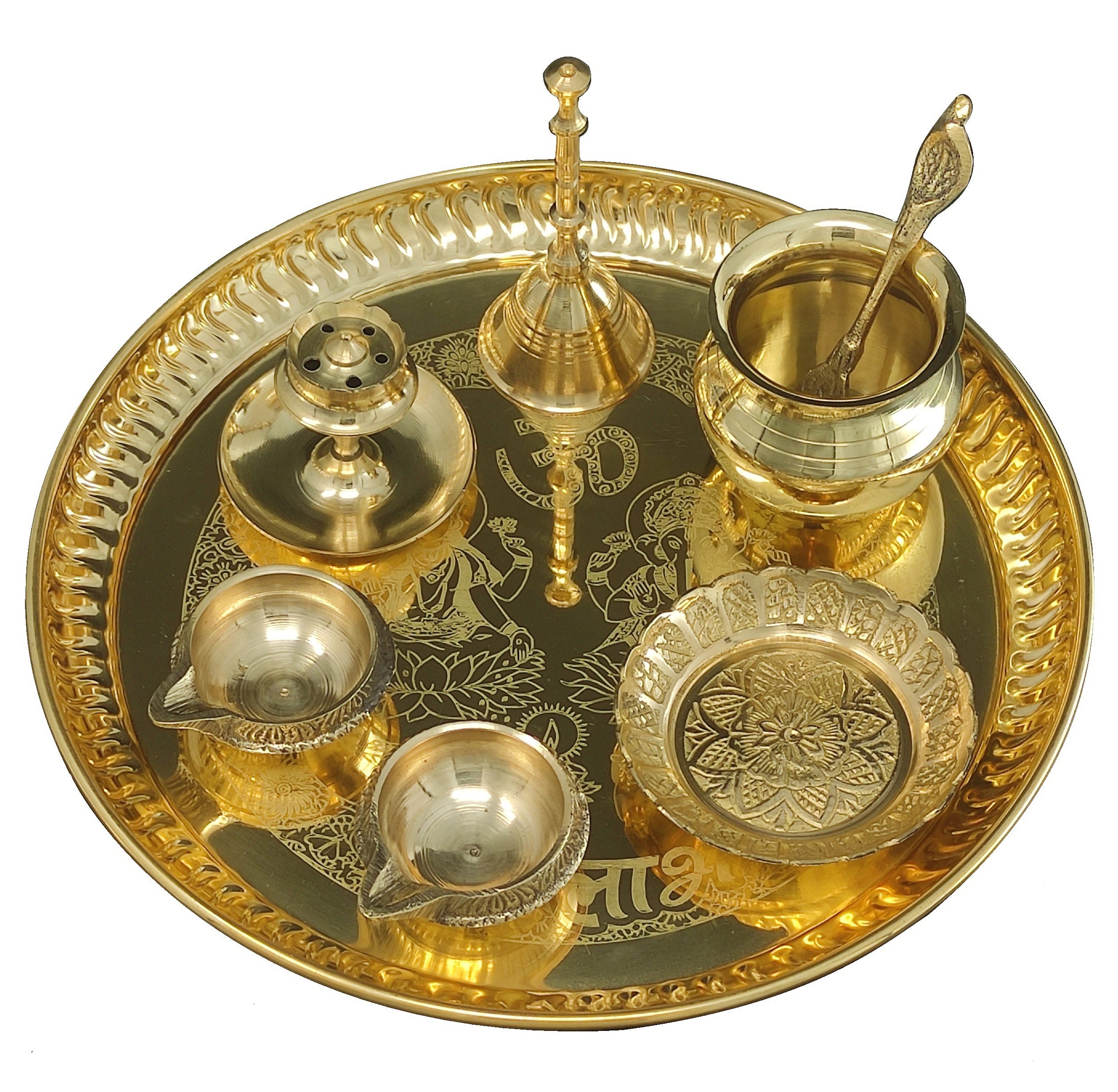 Bengalen Brass Pooja thali Set 8 Inch with Pital Plate Kalash Spoon Ghanti Bowl Dhup Dan Kuber Diya Kangura Plate Puja Thali for Diwali Home Mandir Office Wedding Return Gift Items