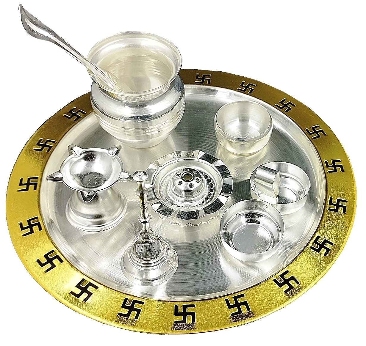 BENGALEN Gold and Silver Plated Pooja Thali Set 9 Inch Plate Kalash Palli Diya Agarbatti Stand Vati Kumkum Holder Ghanti Puja Thali Wedding Return Gift Items