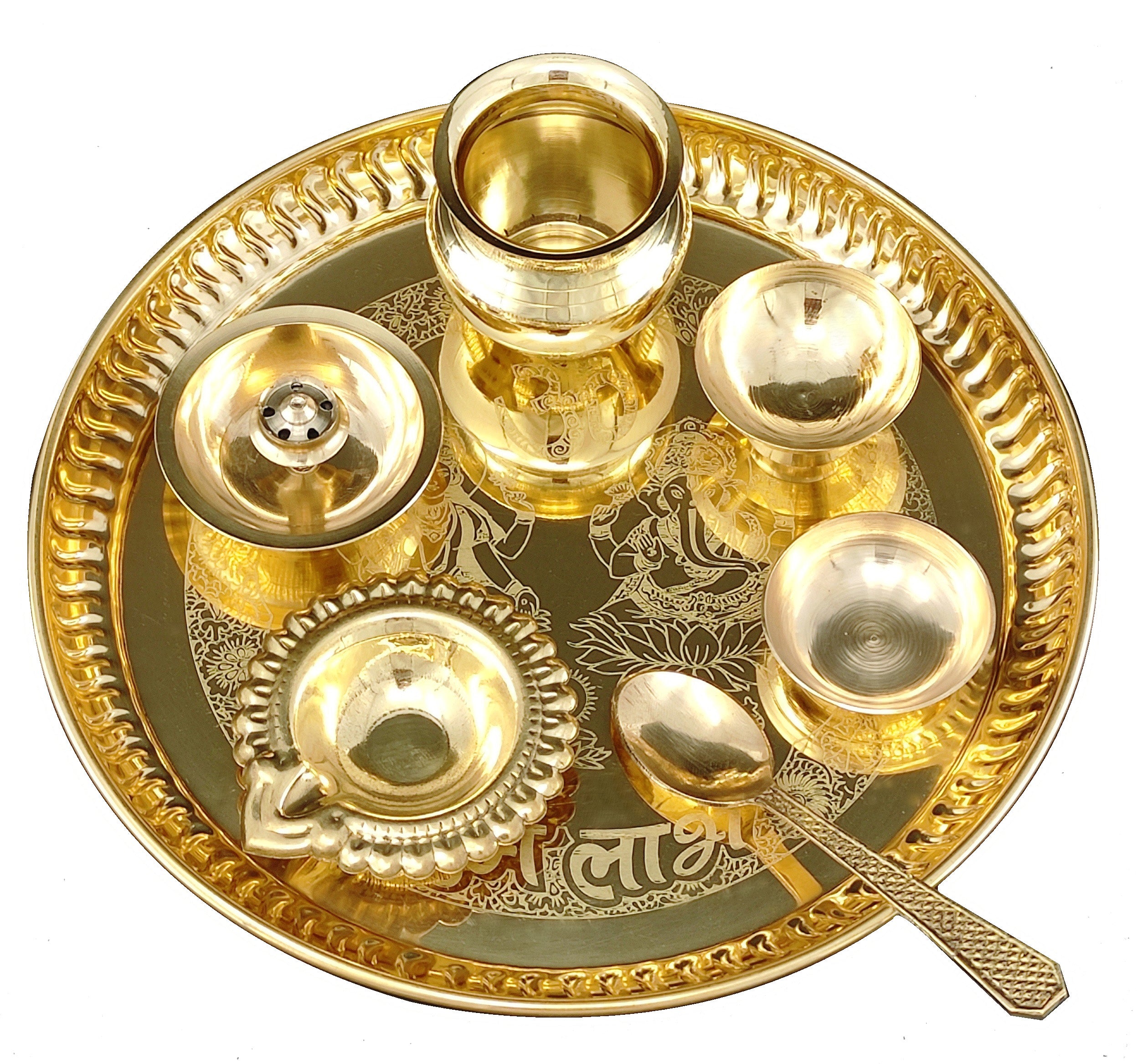 Bengalen Brass Pooja thali Set 8 Inch with Pital Plate Kalash Spoon Diya Bowl Dhup Dan Ghanti Daily Puja Thali for Diwali Home Mandir Office Wedding Return Gift Items