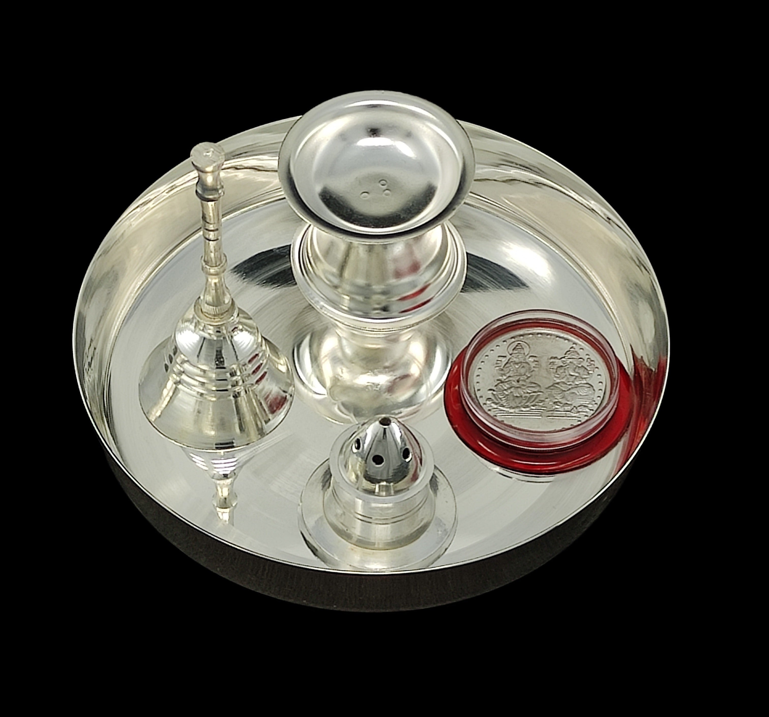Bengalen Silver Plated Pooja Thali Set 5 Inch with Coin and Accessories Puja Decorative for Home Office Wedding Return Gift Items