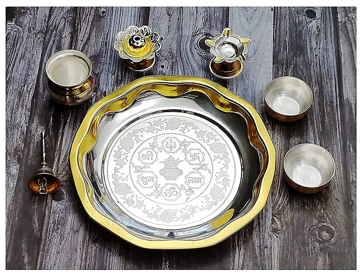 Bengalen Gold and Silver Plated Pooja thali Set Designed Puja Thali Items for Diwali, Home, Mandir, Office, Wedding Return Gift