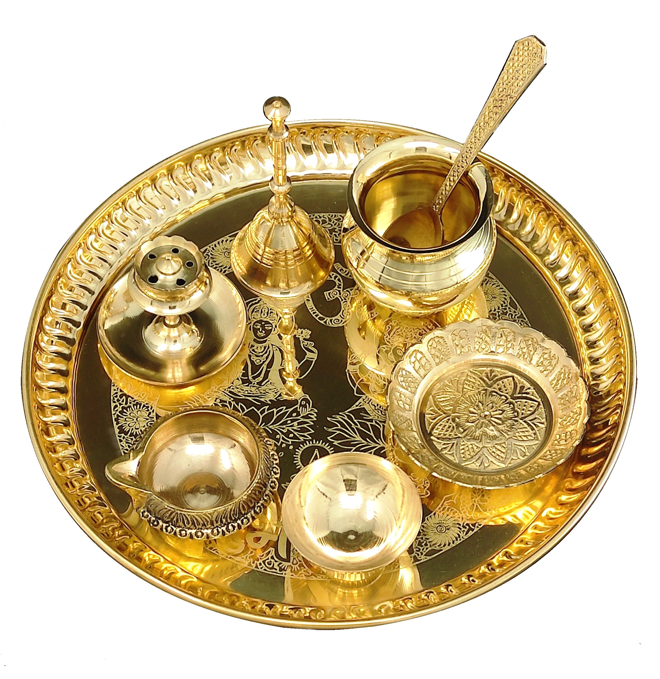 Bengalen Brass Pooja thali Set 8 Inch with Pital Plate Dhup Dan Kalash Spoon Ghanti Bowl Kuber Diya Kangura Plate Puja Thali for Diwali Home Mandir Office Wedding Return Gift Items