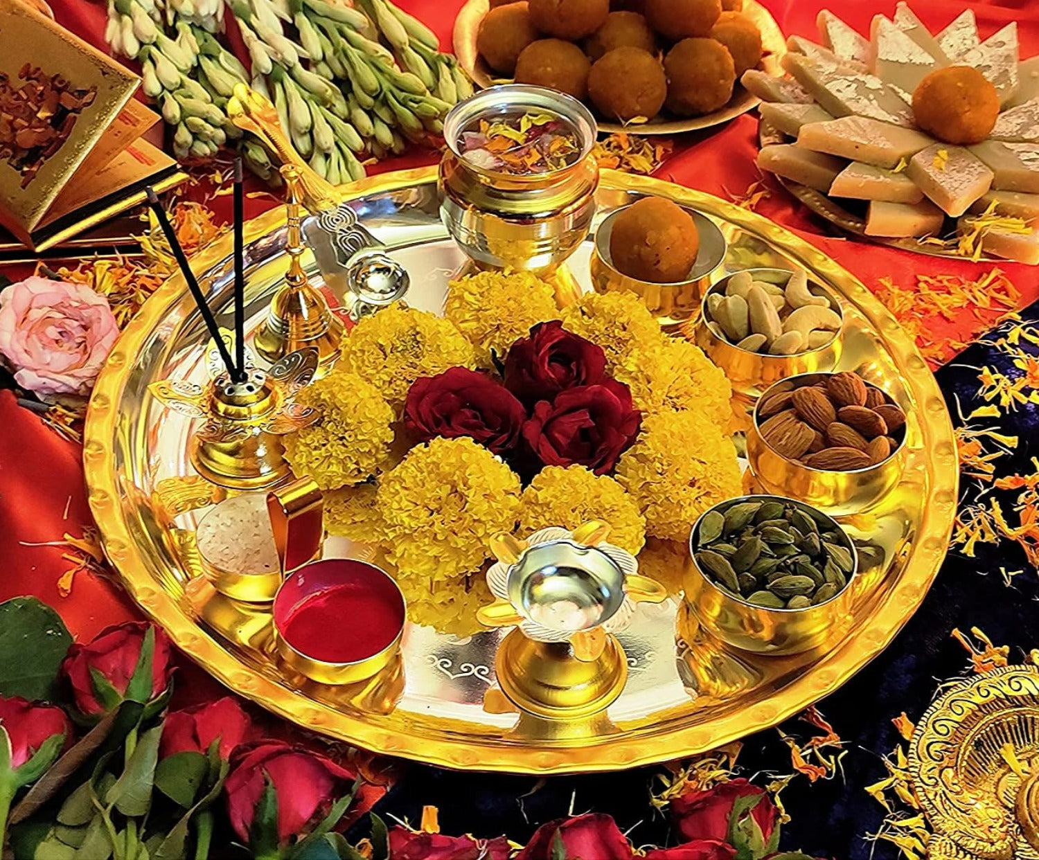 Bengalen Gold & Silver Plated Puja thali Set 12 Inch for Festival Ethnic Pooja Thali Items for Home, Temple, Office, Wedding Return Gift