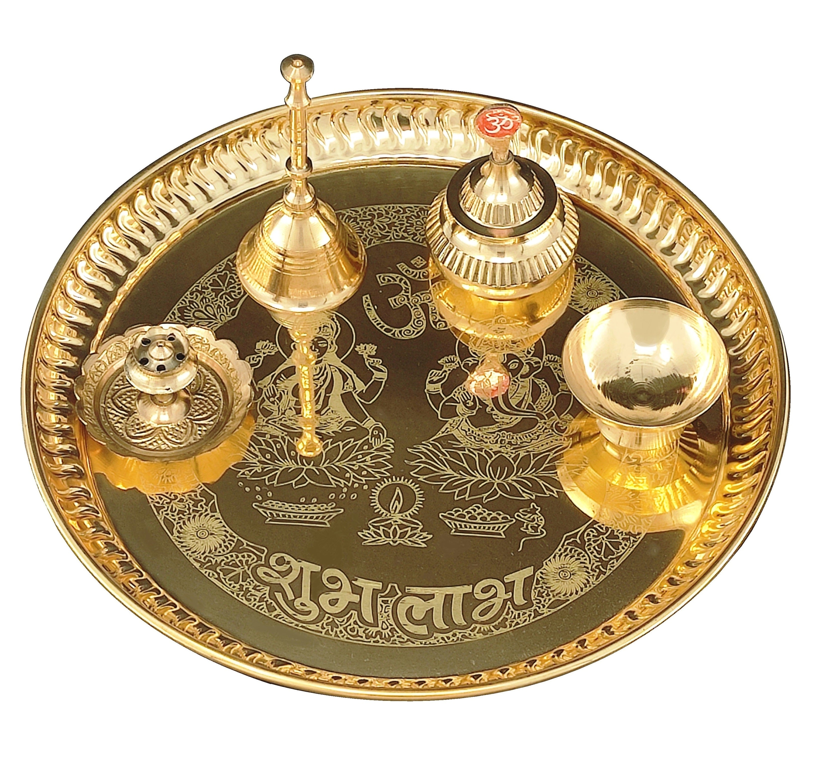 Bengalen Brass Pooja thali Set 8 Inch with with Pital Plate Ghanti Sindoor Dibbi Bowl Dhup Dan Puja Thali for Diwali Home Mandir Office Wedding Return Gift Items