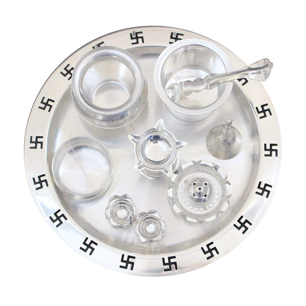 Bengalen Silver Plated Pooja Thali Set Glossy Puja Thali Set 9 Inch Ethnic Pooja Thali for Home Temple Office Wedding Return Gift Items