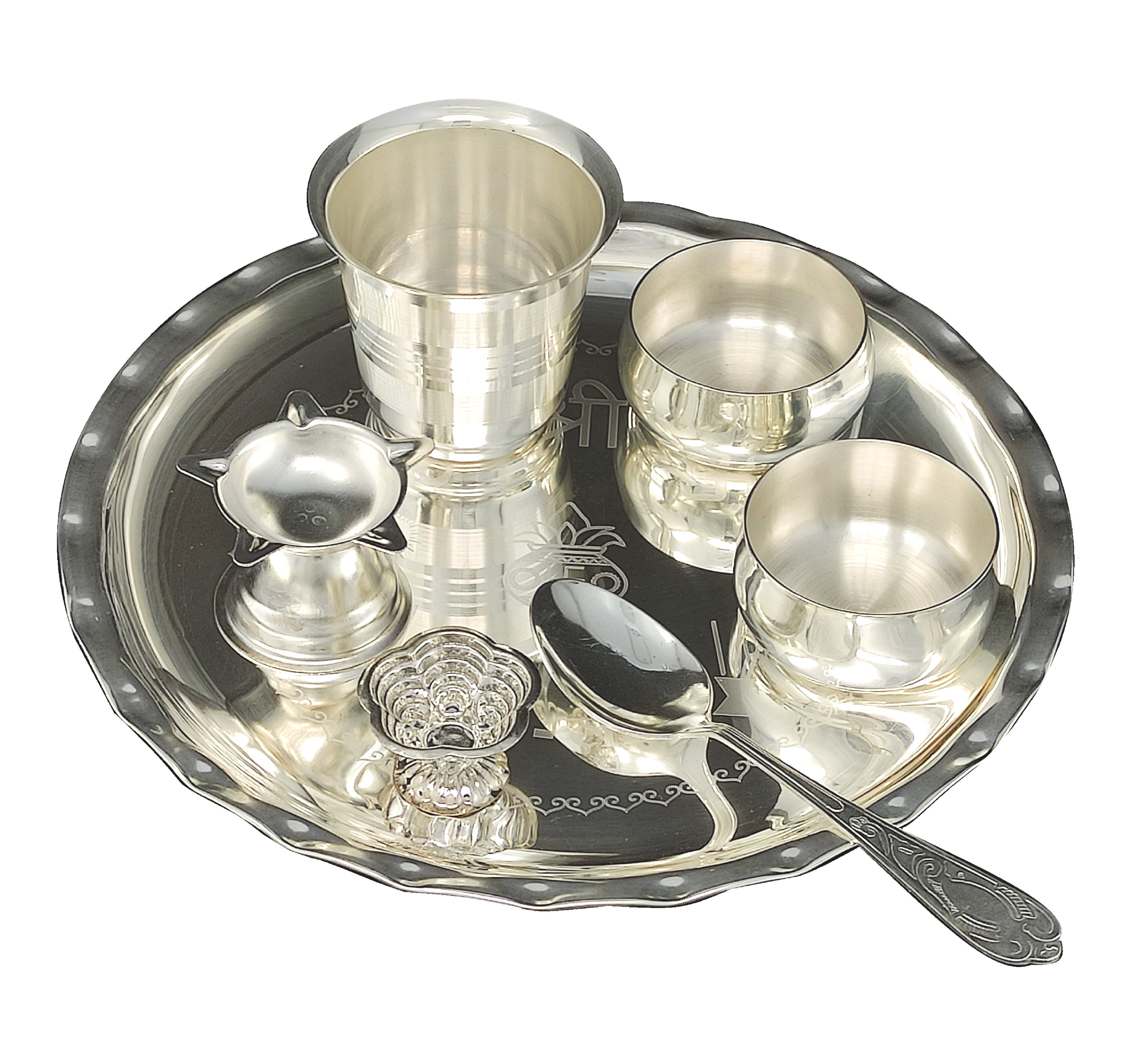 BENGALEN Silver Plated Pooja thali Set 8 Inch with Plate Bowl Glass Diya Spoon Kumkum Holder Puja Thali for Diwali Home Mandir Office Wedding Return Gift Items