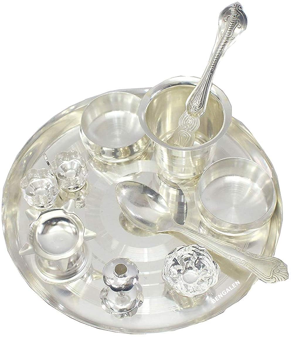 Bengalen Silver Plated Pooja thali Set 8 Inch Festival Ethnic Puja Thali Gift for Diwali, Home, Temple, Office, Wedding Gift