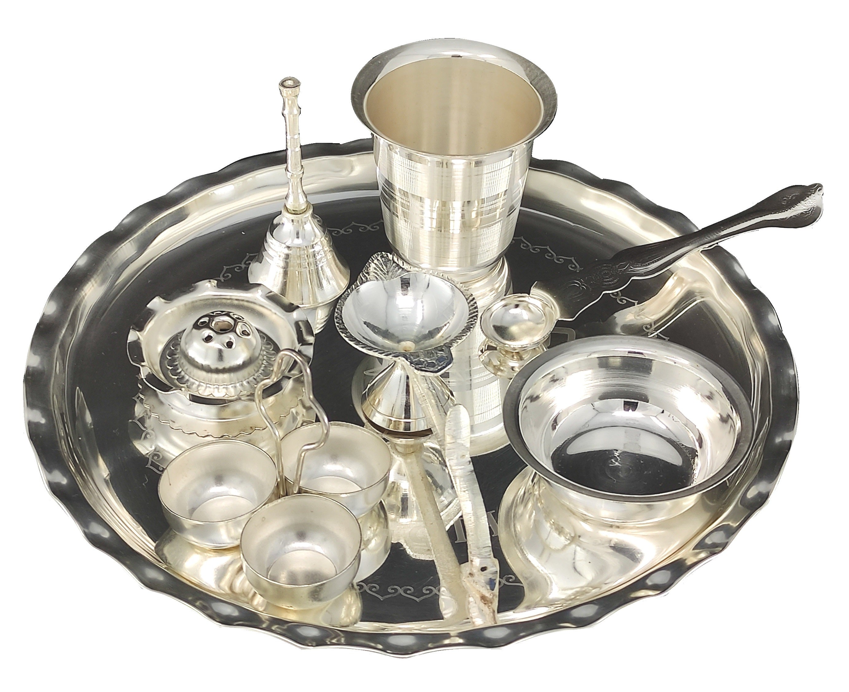 Bengalen Silver Plated Pooja thali Set 9.5 Inch with Plate Glass Palli Arti Diya Kumkum Holder Bowl Dhup Dan Ghanti Puja Thali for Diwali Home Mandir Office Wedding Return Gift Items