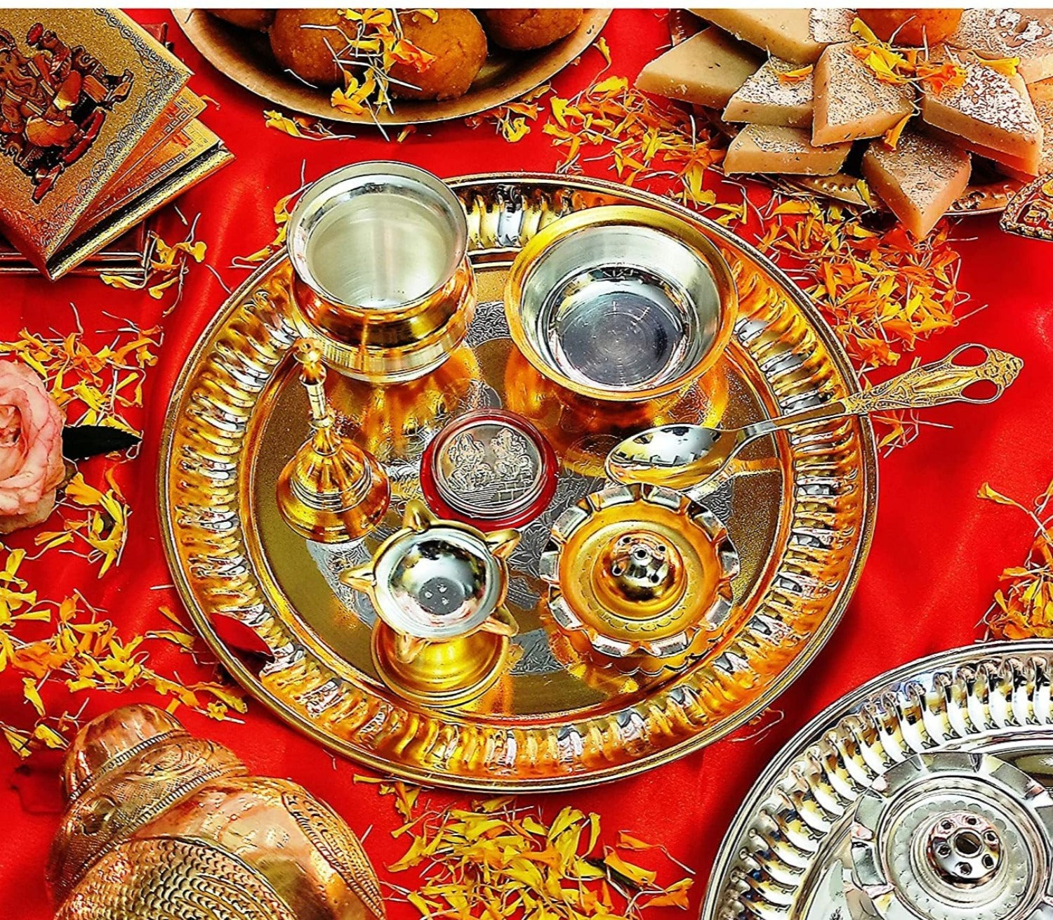 Bengalen Gold and Silver Plated Puja Thali Set 08 Inch with Coin Pooja