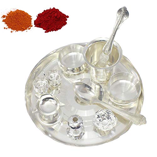 Bengalen Silver Plated Pooja thali Set 07 Inch for Festival Ethnic Puja Thali Gift for Diwali, Home, Temple, Office, Wedding Gift