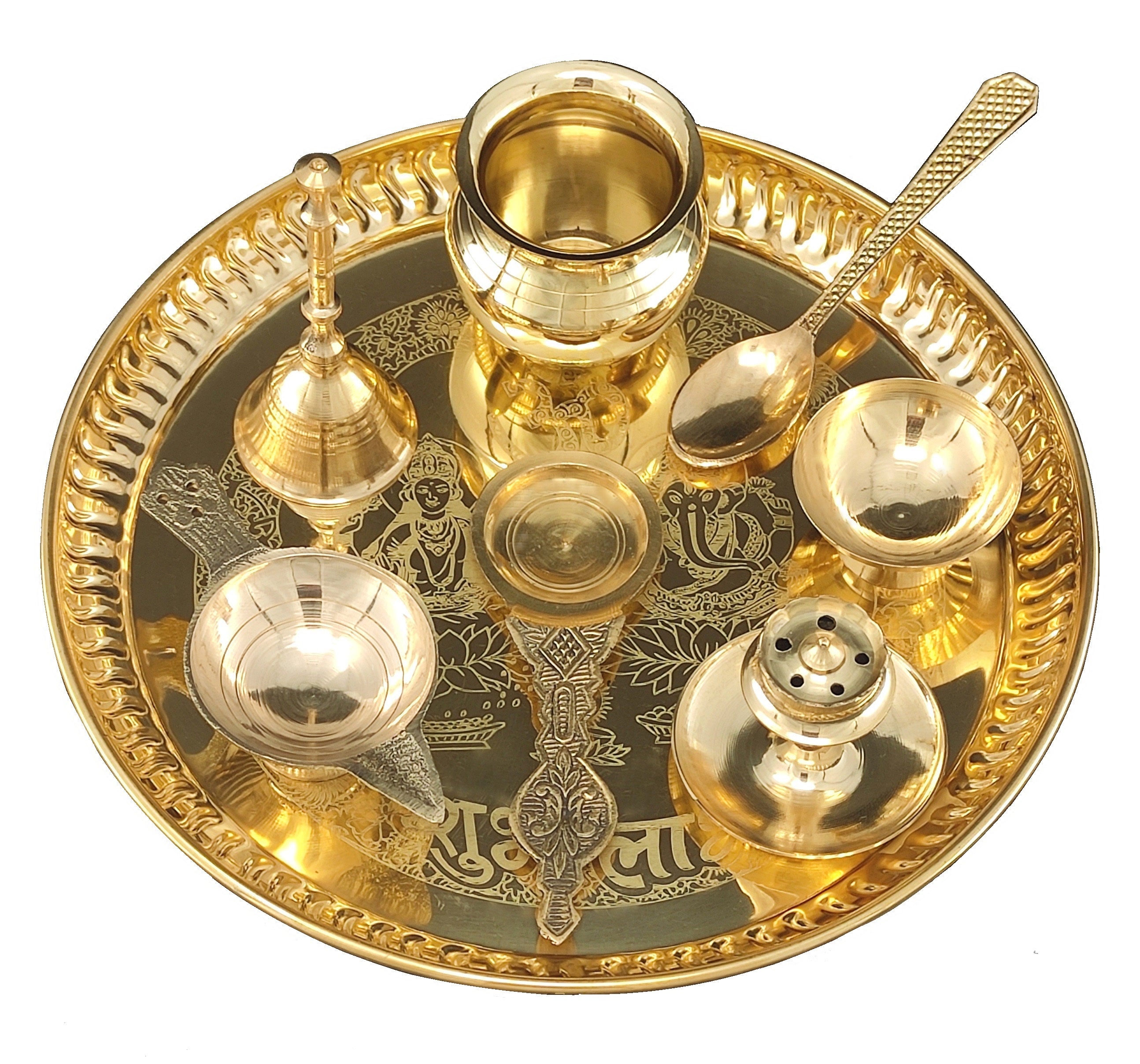 Bengalen Brass Pooja thali Set 8 Inch with Pital Plate Kalash Spoon Diya Bowl Dhup Dan Ghanti Kappur Arti Daily Puja Thali for Diwali Home Mandir Office Wedding Return Gift Items