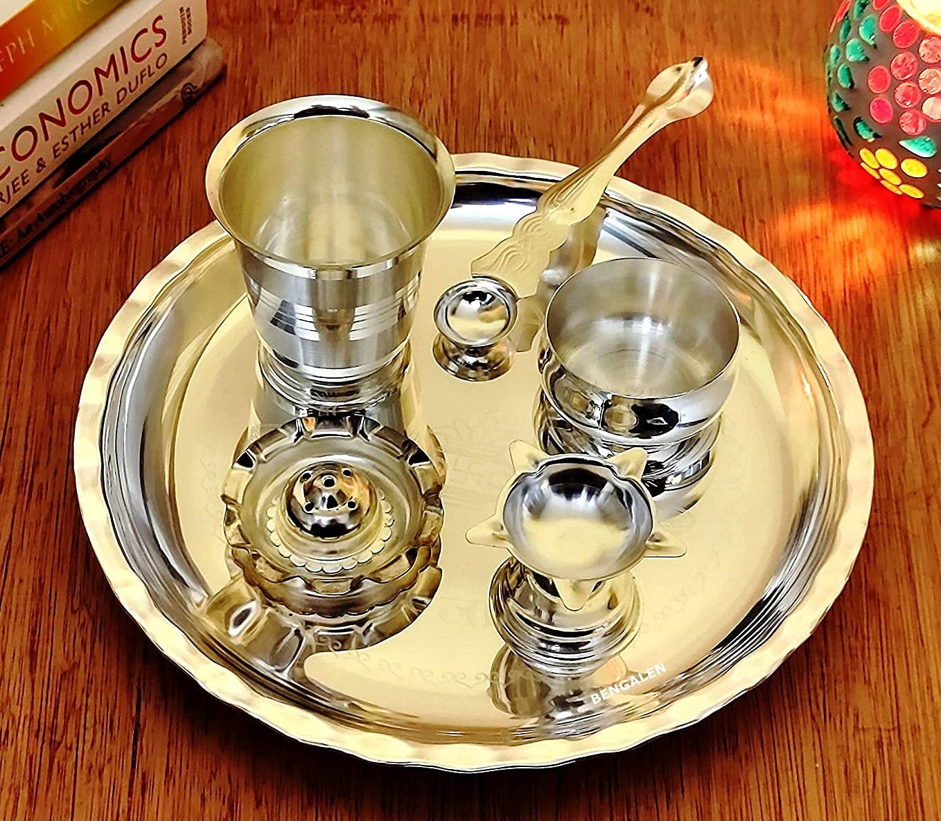 Bengalen Subh Labh Silver Plated Pooja thali Set 8 Inch for Mandir Temple Festival Puja Thali for Home, Office, Wedding Return Gift