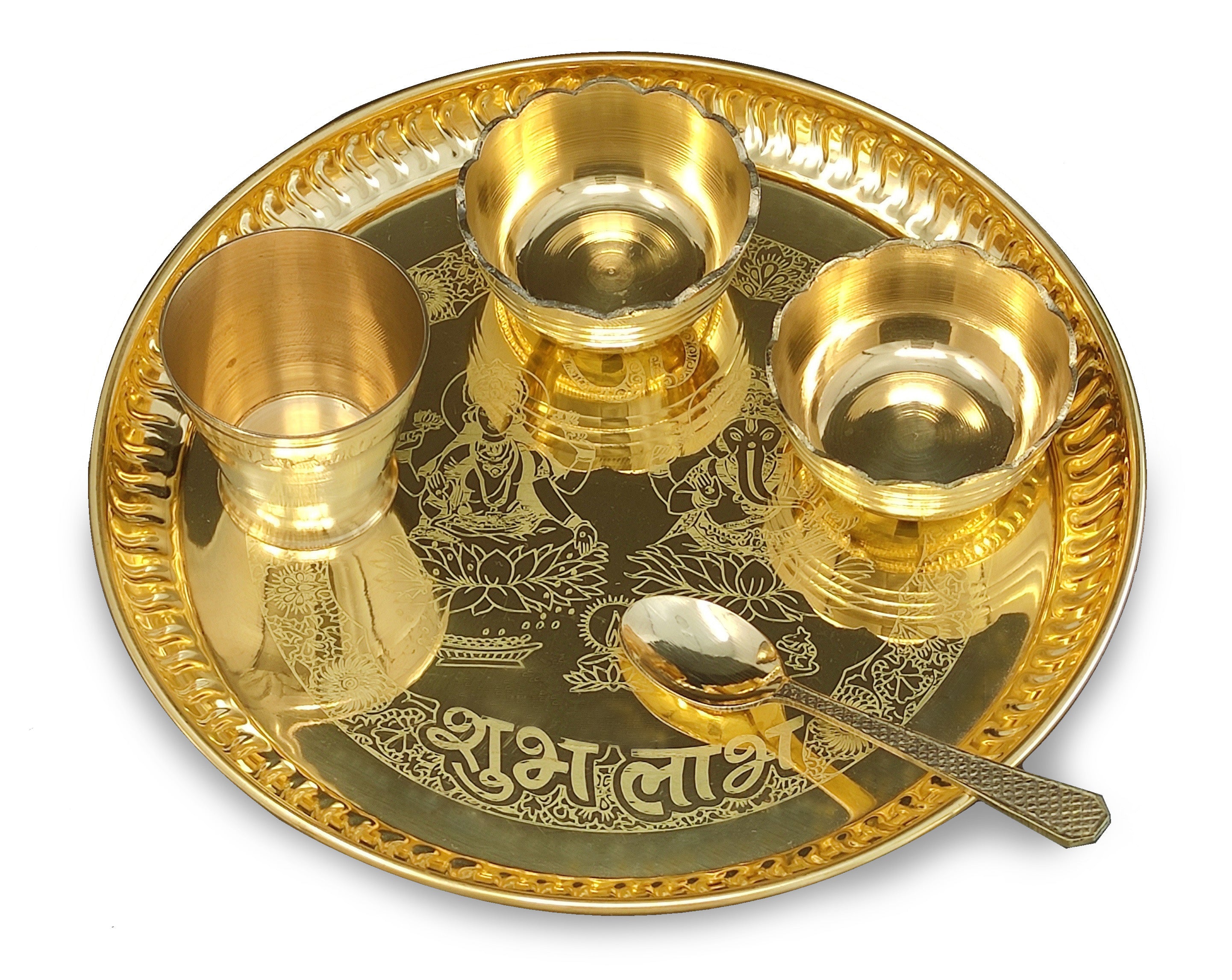 Bengalen Brass Pooja thali Set 8 Inch with Pital Plate Bowl Glass Spoon Daily Puja Bhog Thali for Diwali Home Mandir Office Wedding Return Gift Items