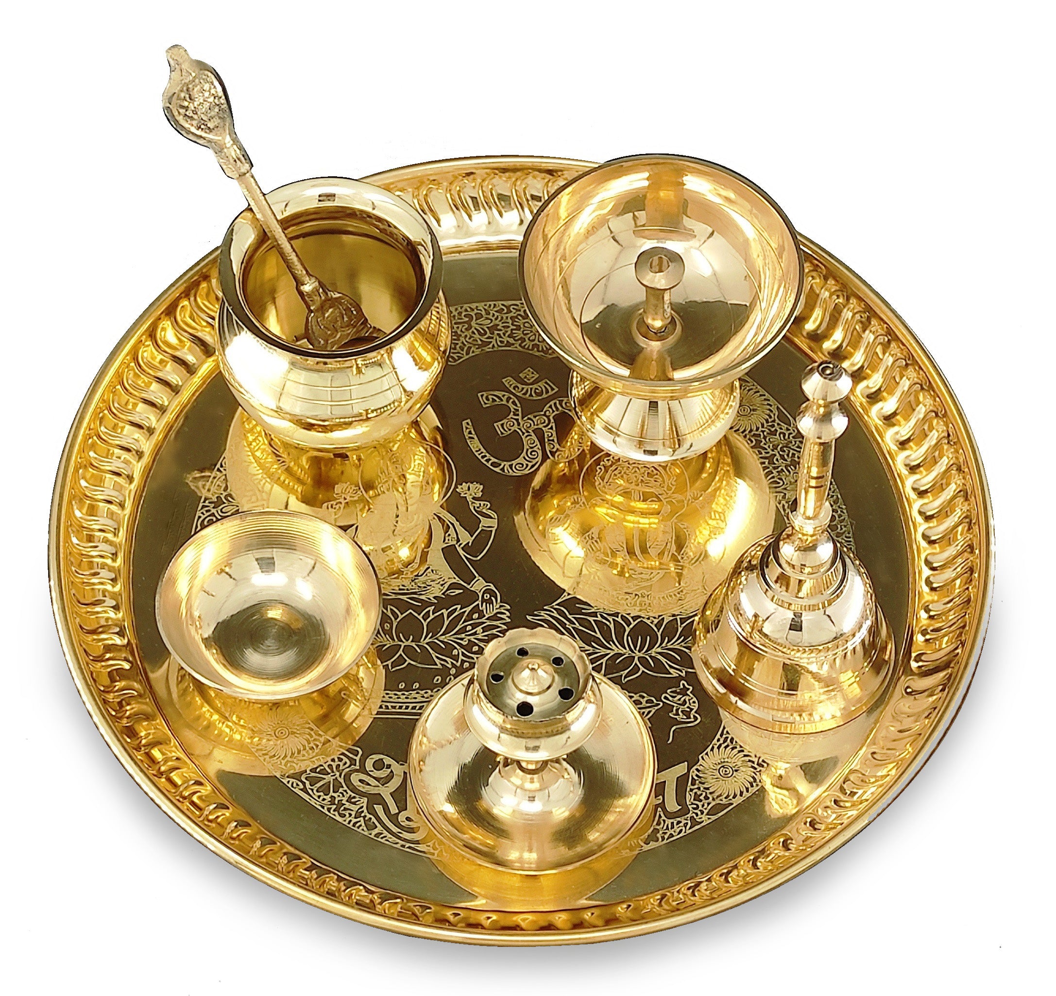 Bengalen Brass Pooja thali Set 8 Inch with Pital Plate Kalash Spoon Piyali Diya Bowl Dhup Dan Ghanti Daily Puja Thali for Diwali Home Mandir Office Wedding Return Gift Items