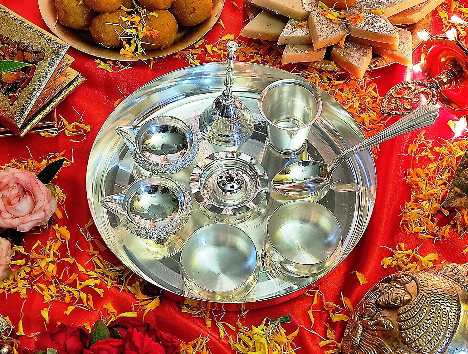 দিওয়ালি, বাড়ি, মন্দির, অফিস, বিবাহের উপহারের জন্য বেঙ্গল সিলভার প্লেটেড পূজা থালি সেট 08 ইঞ্চি আনুষাঙ্গিক জাতিগত পূজা থালি