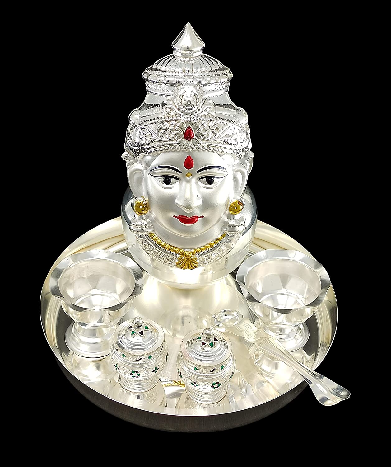 লক্ষ্মী দেবী মুখোতা ভারলক্ষ্মী মূর্তি সহ বেঙ্গল সিলভার প্লেটেড পূজা থালি সেট