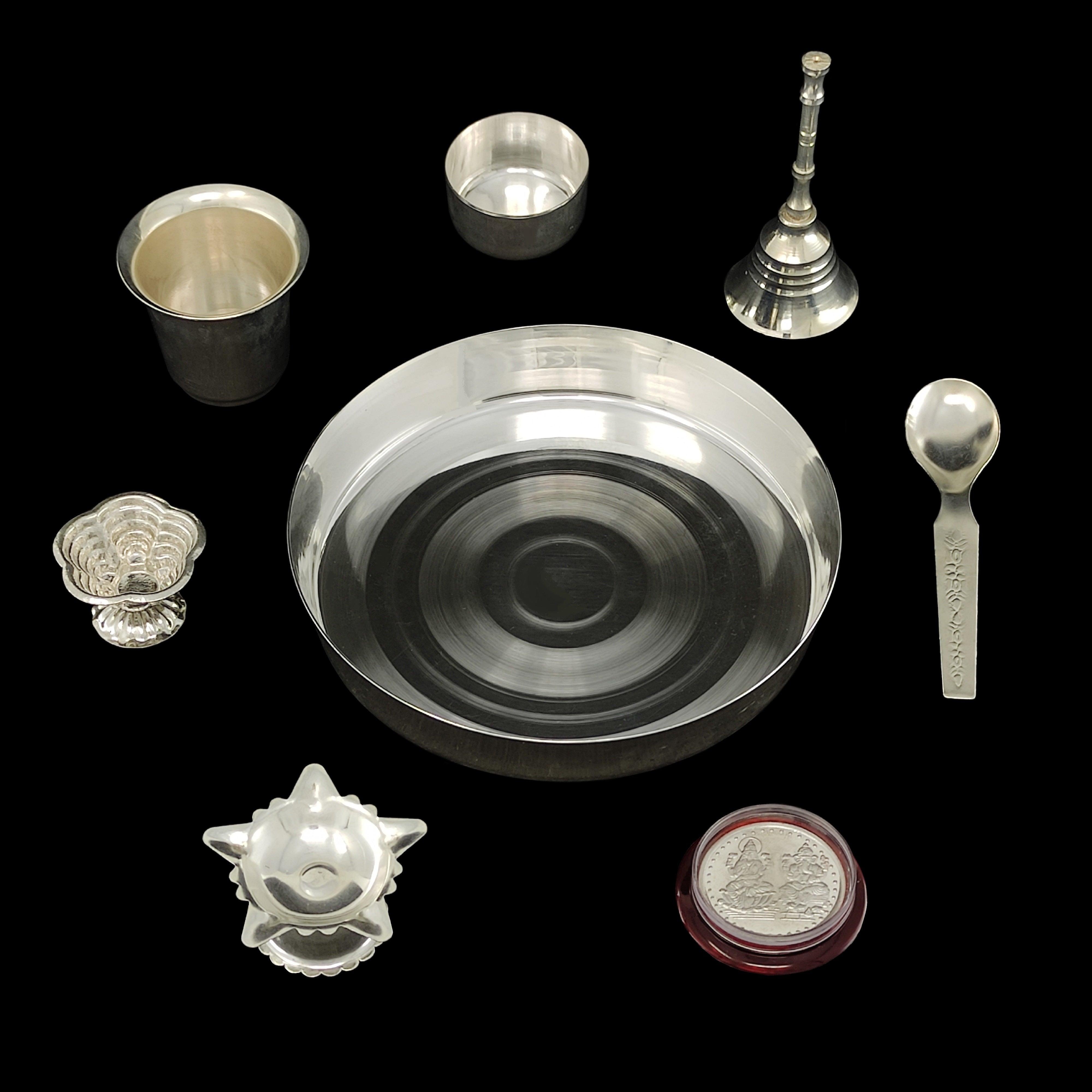BENGALEN Silver Plated Pooja Thali Set 5 Inch Plate Kumkum Holder Diya Ghanti Glass Spoon Bowl Ganesh Lakshmi Coin Premium Puja Decorative for Home Office Wedding Return Gift Items