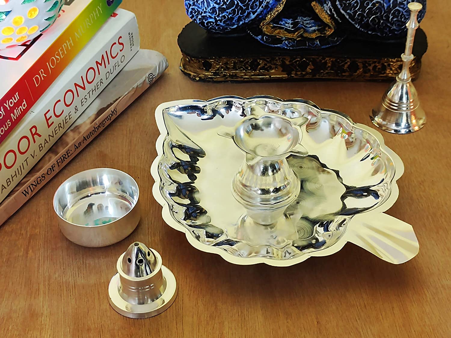 Bengalen Leaf Shaped Silver Plated Pooja thali Set for Festival Ethnic Puja Thali Gift for Diwali, Home, Temple, Office, Wedding Gift