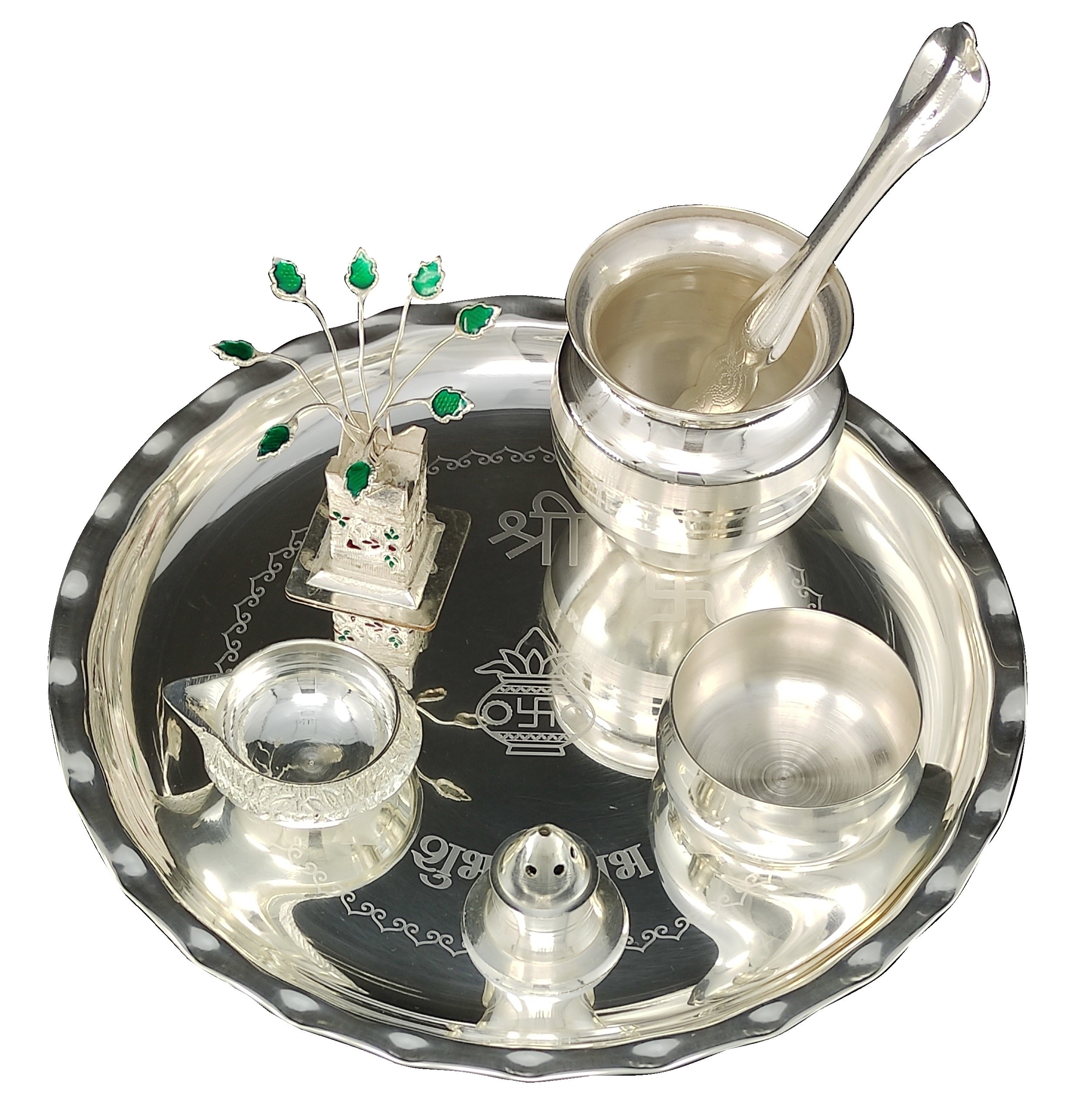Bengalen Silver Plated Pooja thali Set 8 Inch with Plate Bowl Loti Palli Agarbatti Stand Kuber Diya Tulsi Idol Puja Thali for Diwali Home Mandir Office Wedding Return Gift Items