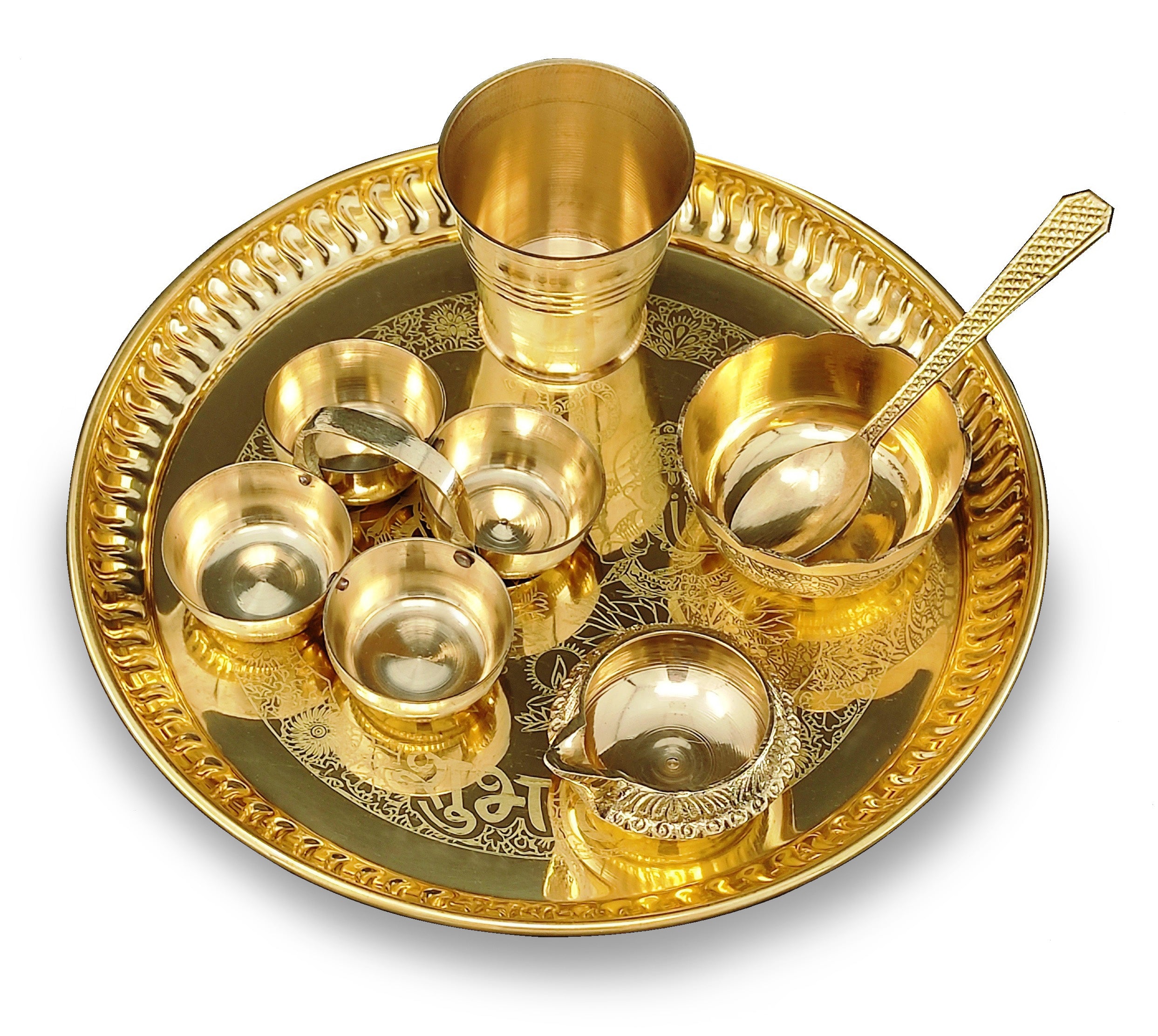 Bengalen Brass Pooja thali Set 8 Inch with Pital Plate Glash Spoon Diya Bowl Dhup Dan Haldi Kumkum Holder Puja Arti Thali for Diwali Home Mandir Office Wedding Return Gift Items
