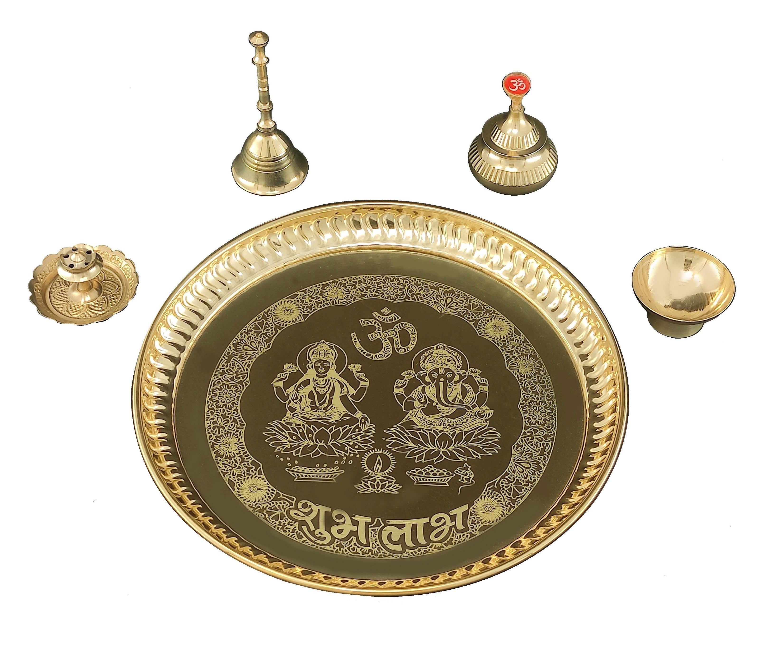 Bengalen Brass Pooja thali Set 8 Inch with with Pital Plate Ghanti Sindoor Dibbi Bowl Dhup Dan Puja Thali for Diwali Home Mandir Office Wedding Return Gift Items