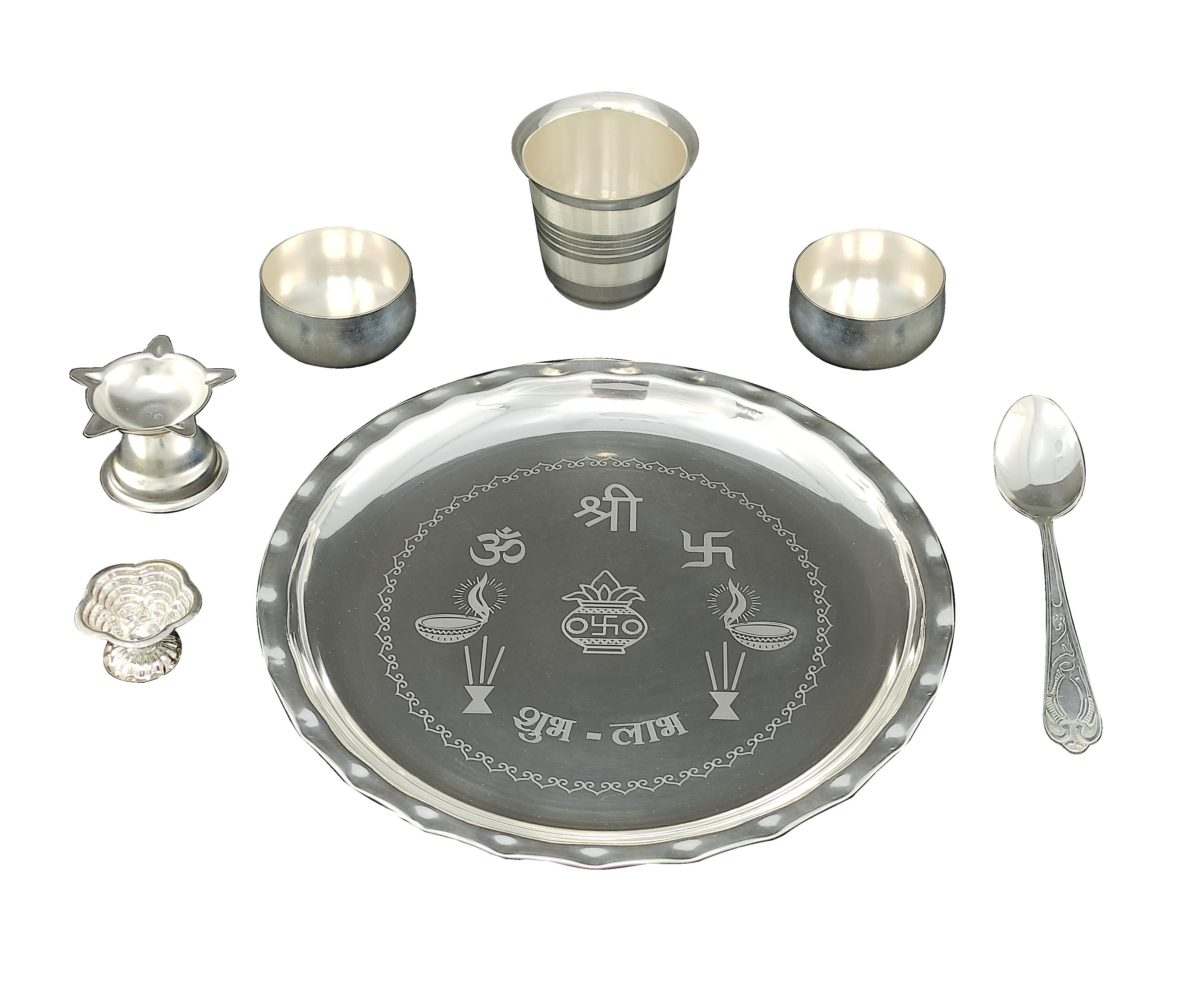 BENGALEN Silver Plated Pooja thali Set 8 Inch with Plate Bowl Glass Diya Spoon Kumkum Holder Puja Thali for Diwali Home Mandir Office Wedding Return Gift Items