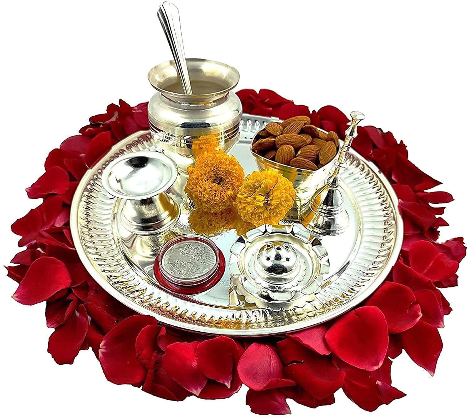 বেঙ্গল গণেশ লক্ষ্মী ডিজাইন সিলভার প্লেটেড প্রিমিয়াম পূজা থালি সেট 8 ইঞ্চি মুদ্রা এবং উত্সব জাতিগত পূজা থালি উপহার সামগ্রীর জন্য আনুষাঙ্গিক