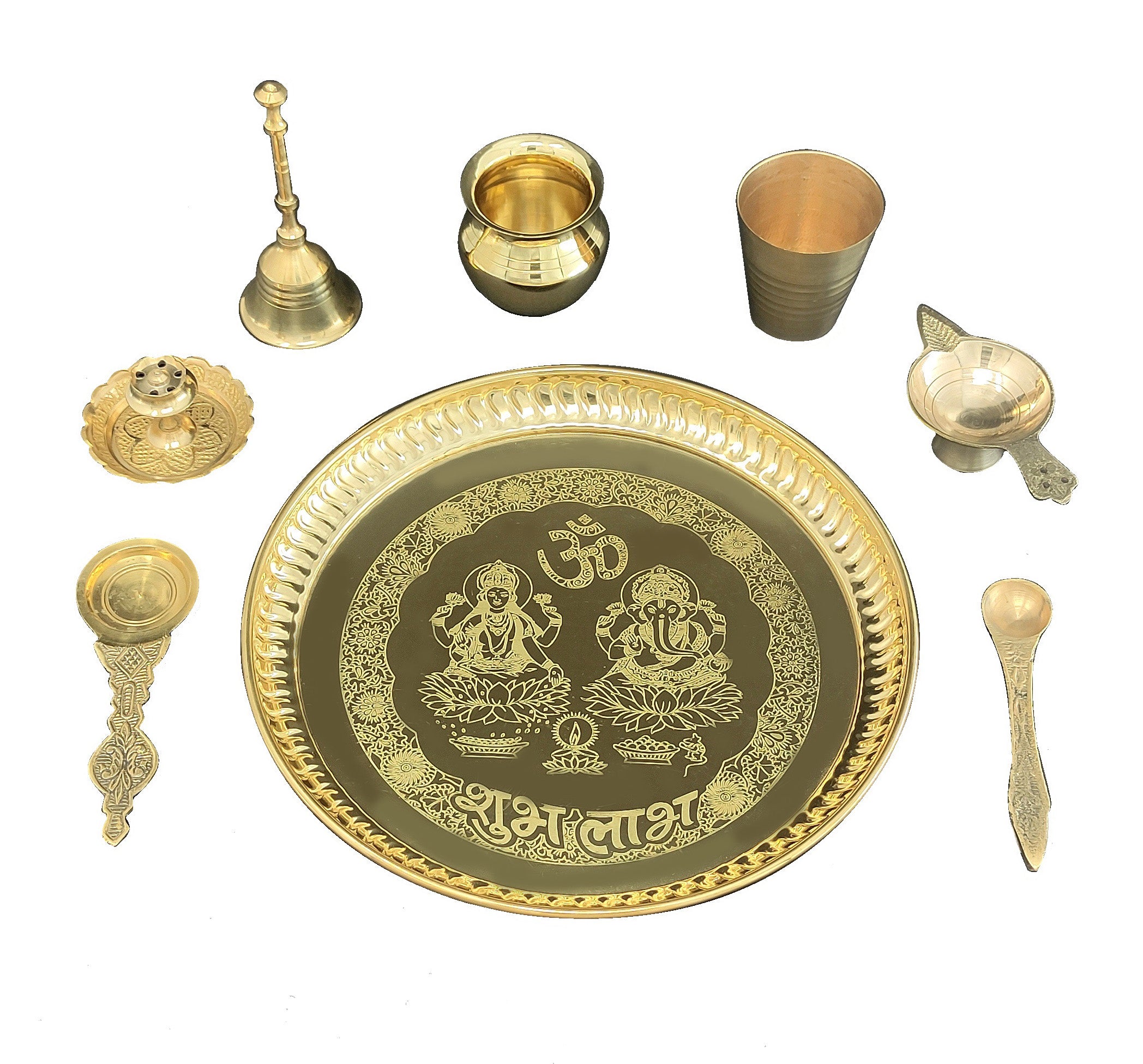 Bengalen Brass Pooja thali Set 8 Inch with Pital Plate Glass Kalash Spoon Ghanti Bowl Agarbatti Stand Kuber Diya Puja Thali for Diwali Home Mandir Office Wedding Return Gift Items