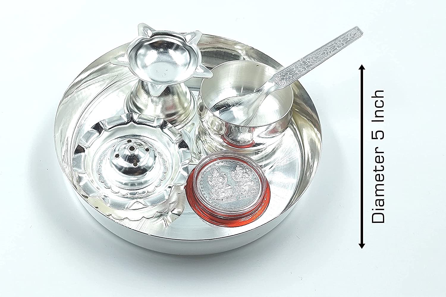 Bengalen Premium Silver Plated Pooja Thali Set 5 Inch Occasional Puja Thali Decorative for Diwali, Home, Office, Wedding Return Gift Items