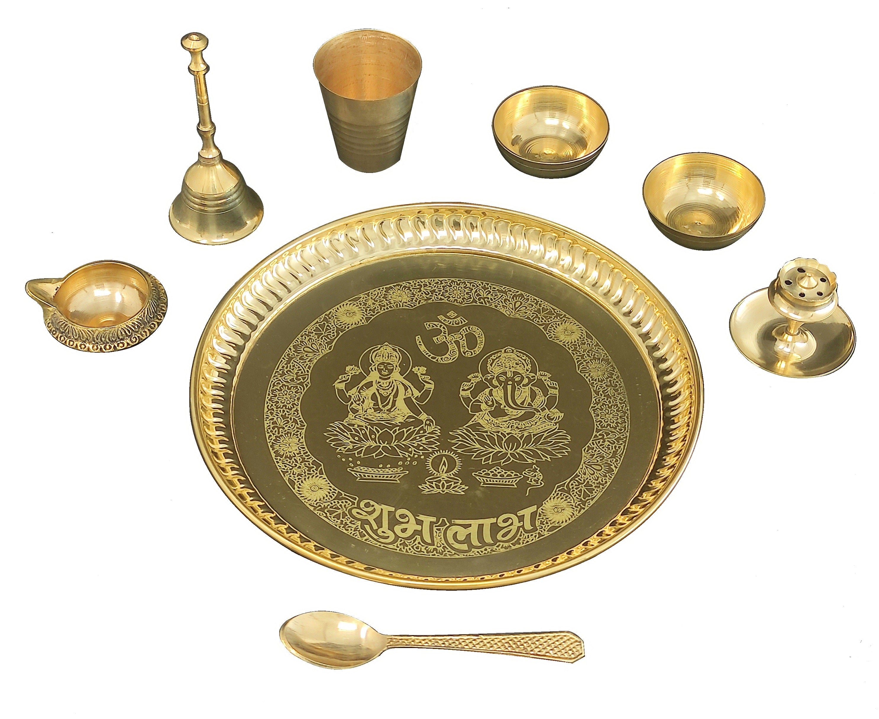 Bengalen Brass Pooja thali Set 8 Inch with Pital Plate Glass Spoon Ghanti Bowl Agarbatti Stand Kuber Diya Puja Thali for Diwali Home Mandir Office Wedding Return Gift Items
