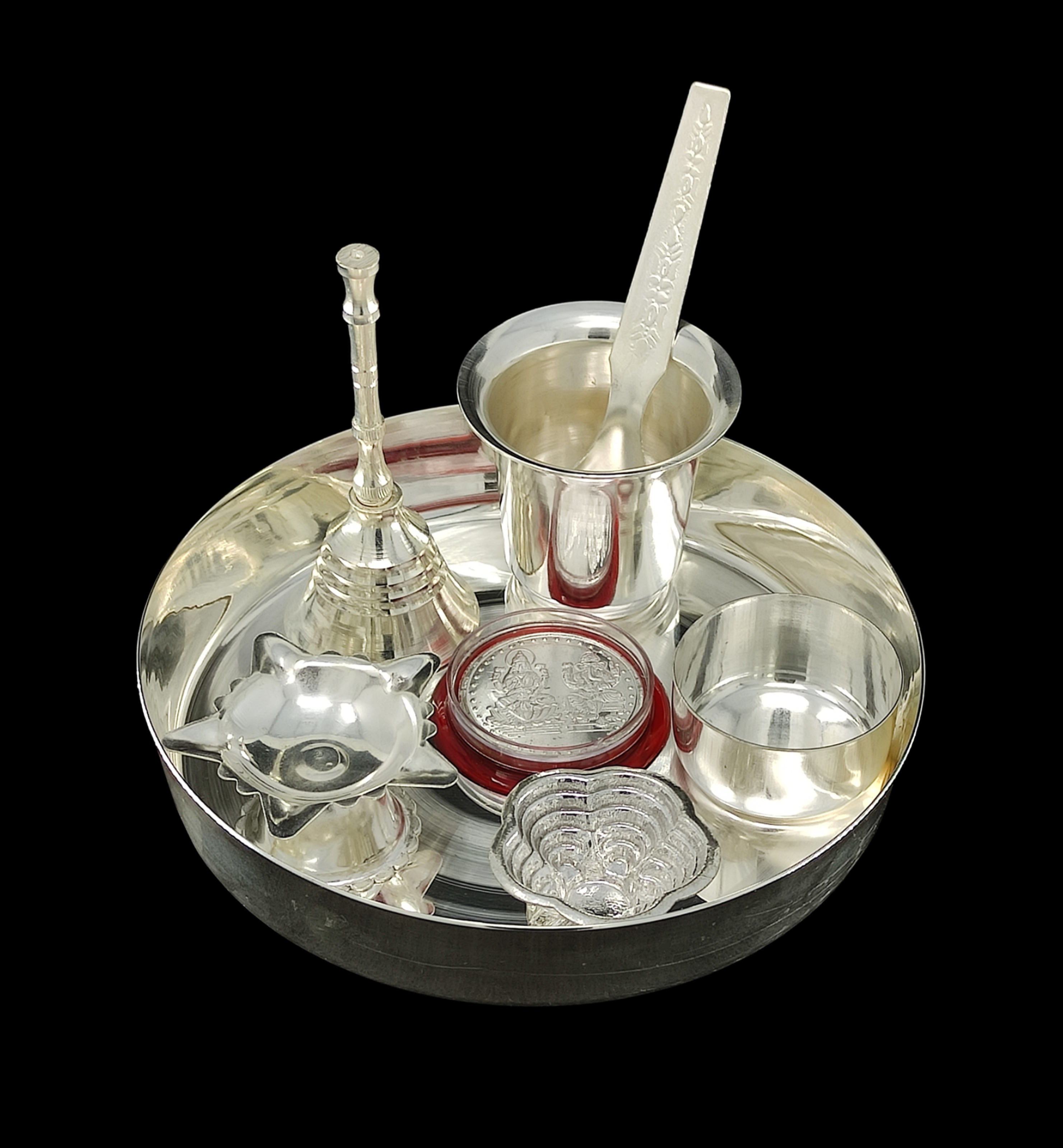 BENGALEN Silver Plated Pooja Thali Set 5 Inch Plate Kumkum Holder Diya Ghanti Glass Spoon Bowl Ganesh Lakshmi Coin Premium Puja Decorative for Home Office Wedding Return Gift Items