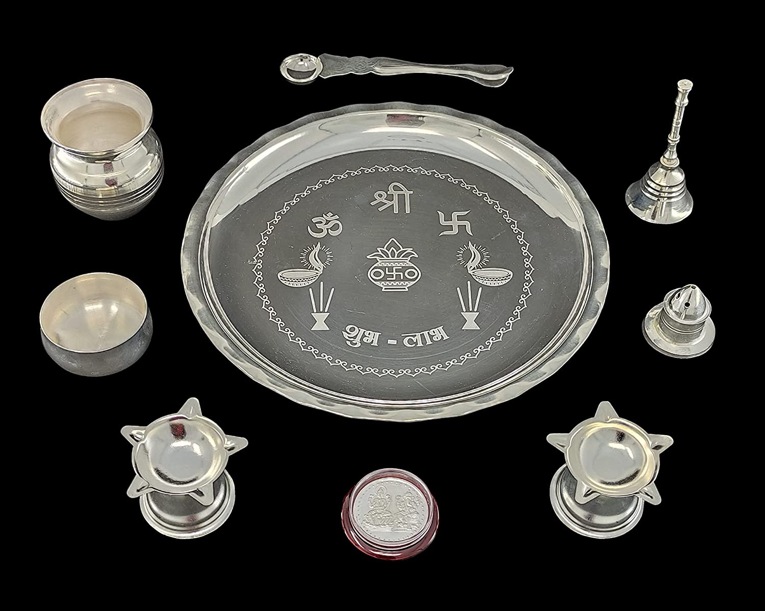 BENGALEN Silver Plated Pooja thali Set 8 Inch Plate Diya Ghanti Kalash Palli Bowl Dhup Dan Ganesh Lakshmi Coin Puja Thali for Diwali Home Mandir Office Festive Wedding Return Gift Items