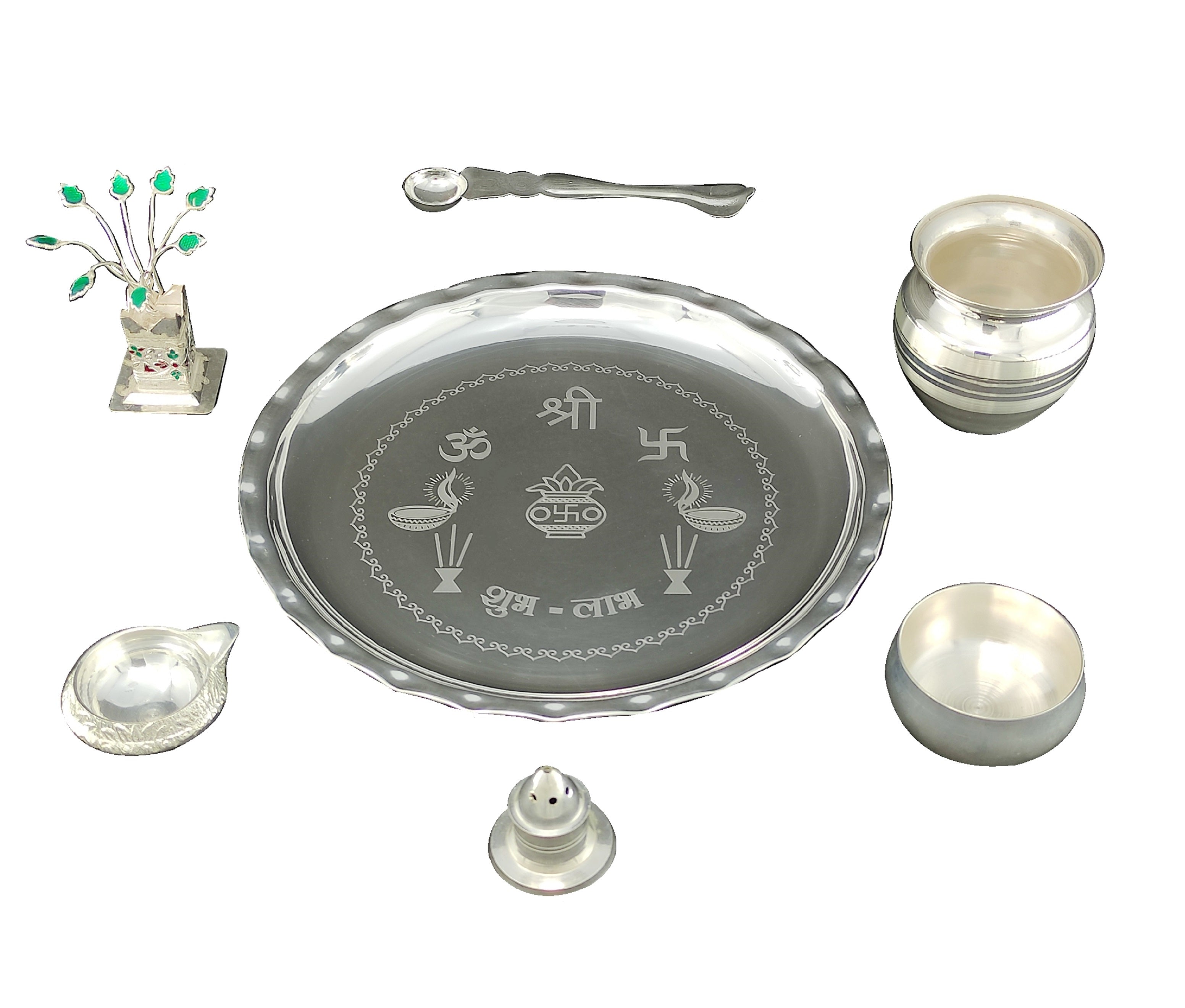 Bengalen Silver Plated Pooja thali Set 8 Inch with Plate Bowl Loti Palli Agarbatti Stand Kuber Diya Tulsi Idol Puja Thali for Diwali Home Mandir Office Wedding Return Gift Items
