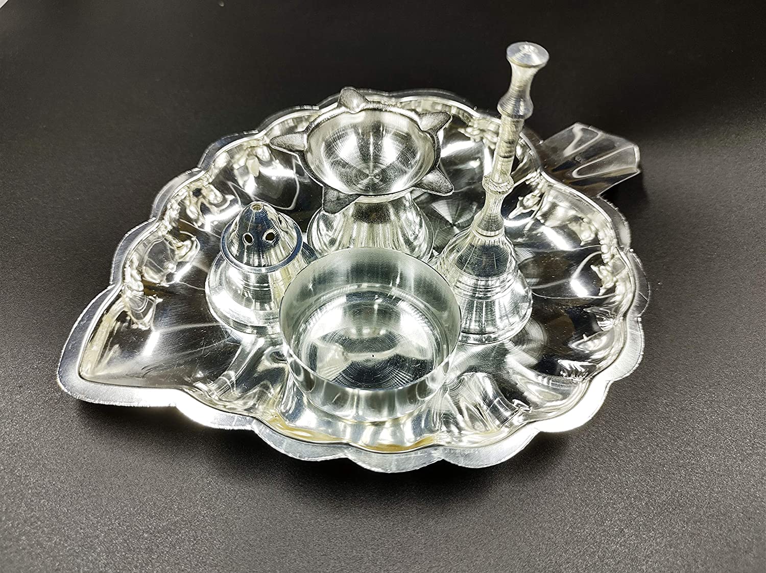 Bengalen Leaf Shaped Silver Plated Pooja thali Set for Festival Ethnic Puja Thali Gift for Diwali, Home, Temple, Office, Wedding Gift
