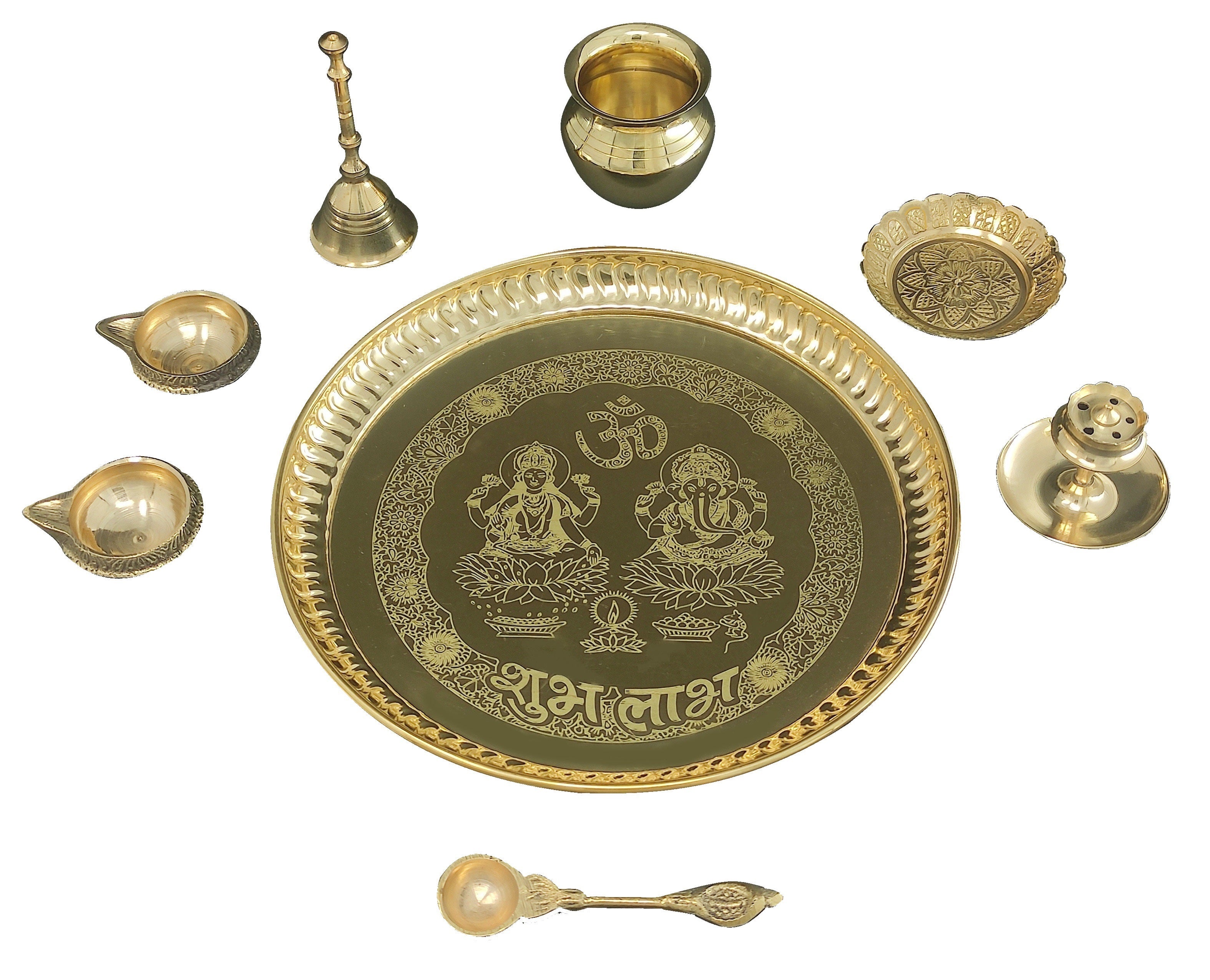 Bengalen Brass Pooja thali Set 8 Inch with Pital Plate Kalash Spoon Ghanti Bowl Dhup Dan Kuber Diya Kangura Plate Puja Thali for Diwali Home Mandir Office Wedding Return Gift Items