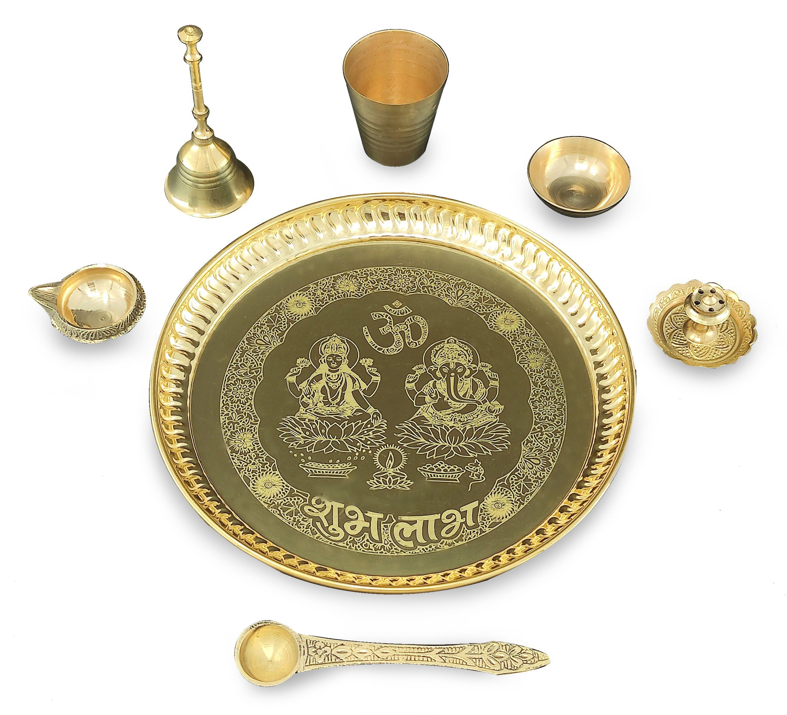 Bengalen Brass Pooja thali Set 8 Inch with Pital Plate Glass Spoon Diya Bowl Designed Dhup Dan Ghanti Daily Puja Thali for Diwali Home Mandir Office Wedding Return Gift Items