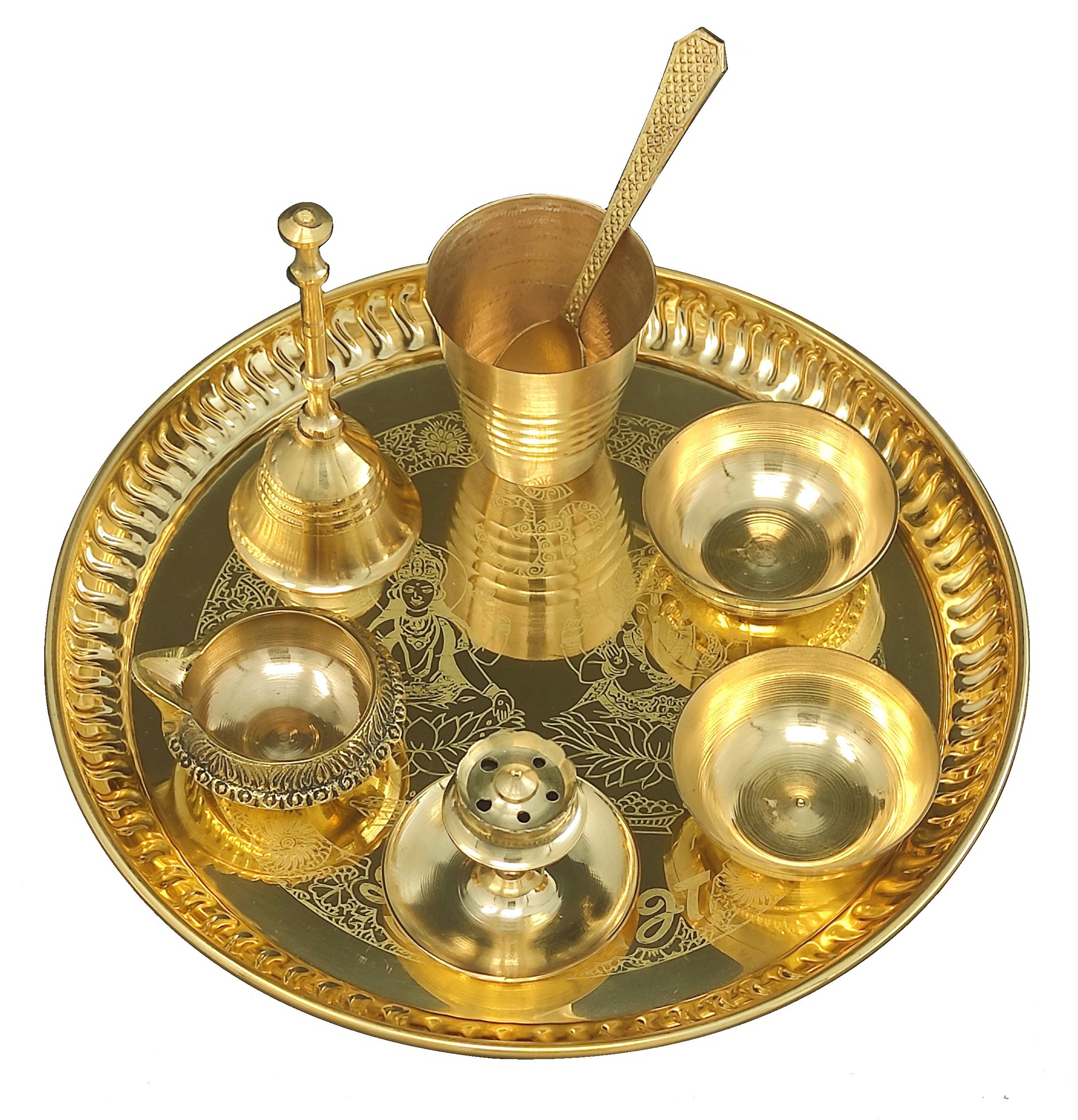 Bengalen Brass Pooja thali Set 8 Inch with Pital Plate Glass Spoon Ghanti Bowl Agarbatti Stand Kuber Diya Puja Thali for Diwali Home Mandir Office Wedding Return Gift Items