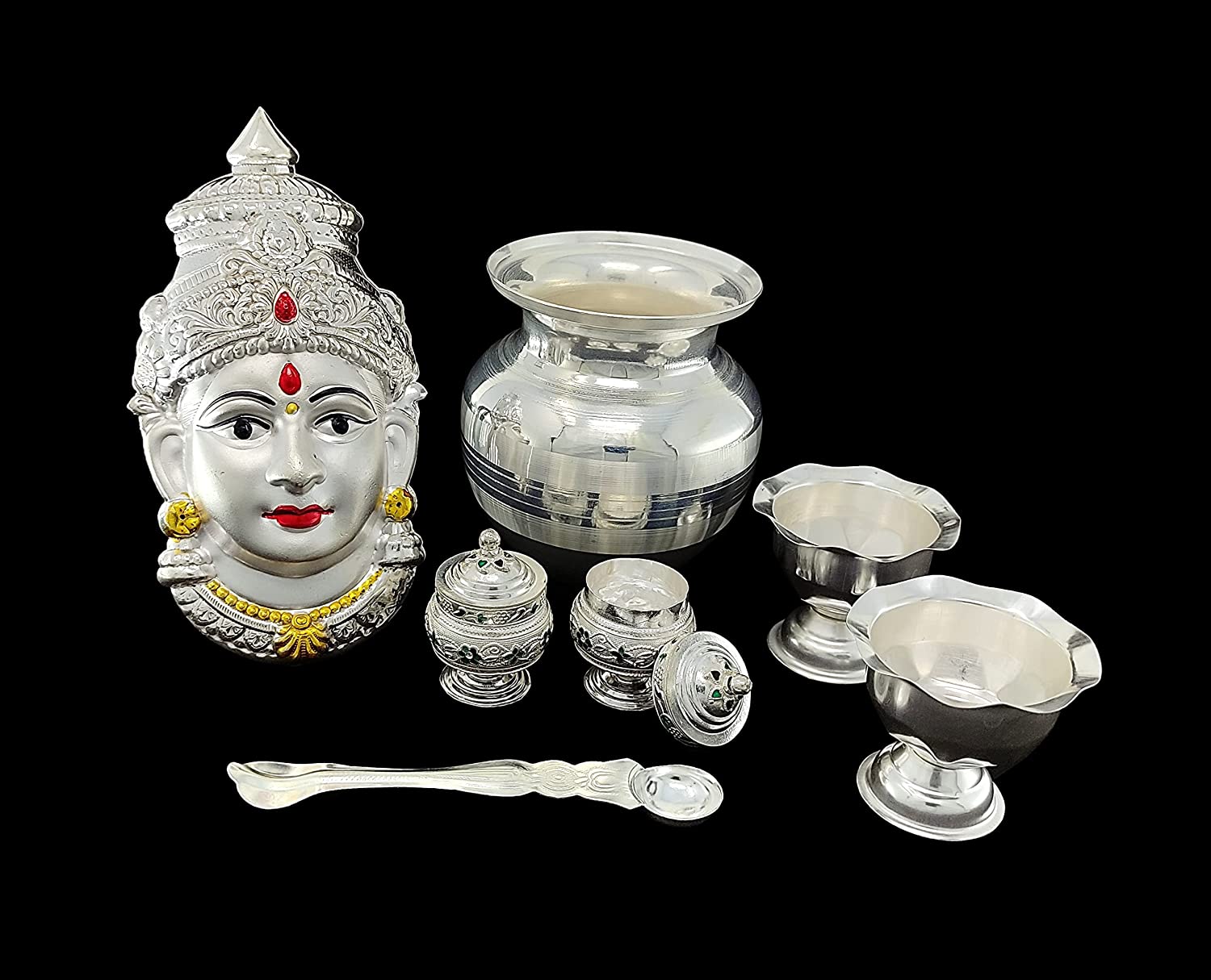 লক্ষ্মী দেবী মুখোতা ভারলক্ষ্মী মূর্তি সহ বেঙ্গল সিলভার প্লেটেড পূজা থালি সেট