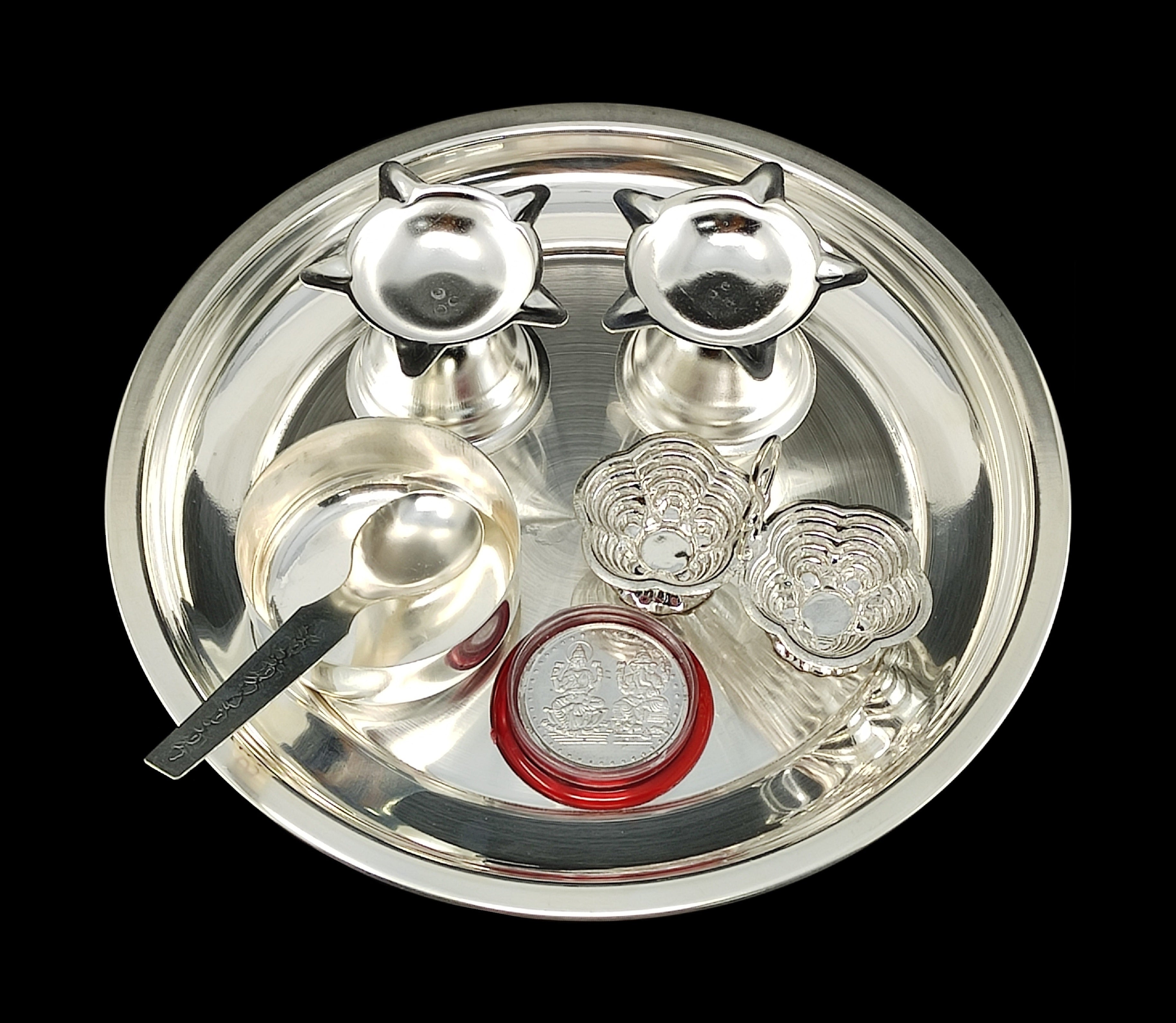 Bengalen Silver Plated Pooja Thali Set 07 Inch with Coin and Accessories Puja Decorative Gift Items for Home Mandir Office Wedding Return