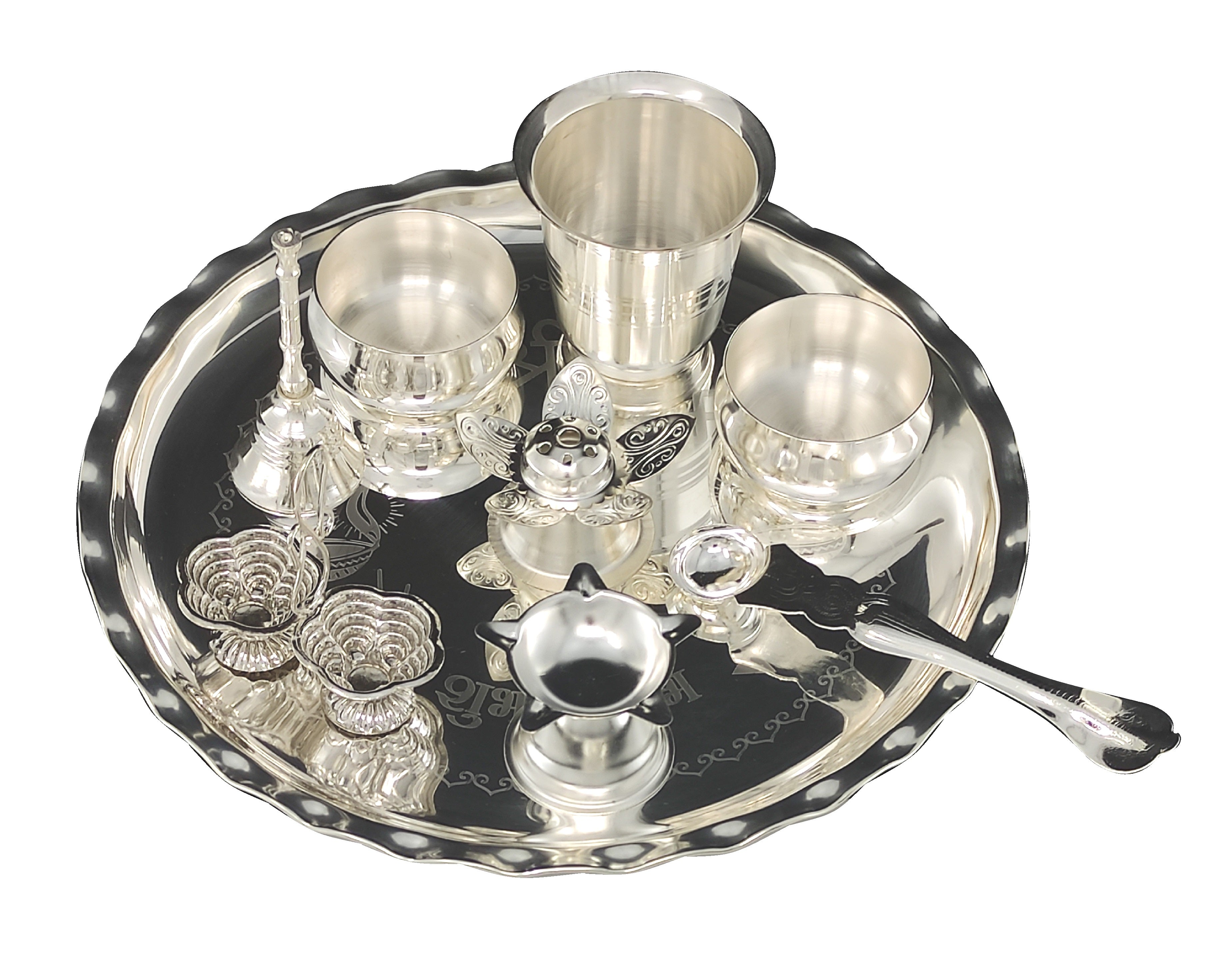 Bengalen Silver Plated Pooja thali Set 9.5 Inch with Plate Palli Haldi Kumkum Stand Diya Glass Bowl Dhup Dan Ghanti Puja Thali for Home Mandir Office Diwali Wedding Return Gift Items