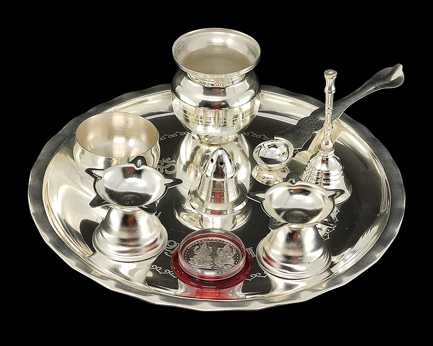 BENGALEN Silver Plated Pooja thali Set 8 Inch Plate Diya Ghanti Kalash Palli Bowl Dhup Dan Ganesh Lakshmi Coin Puja Thali for Diwali Home Mandir Office Festive Wedding Return Gift Items