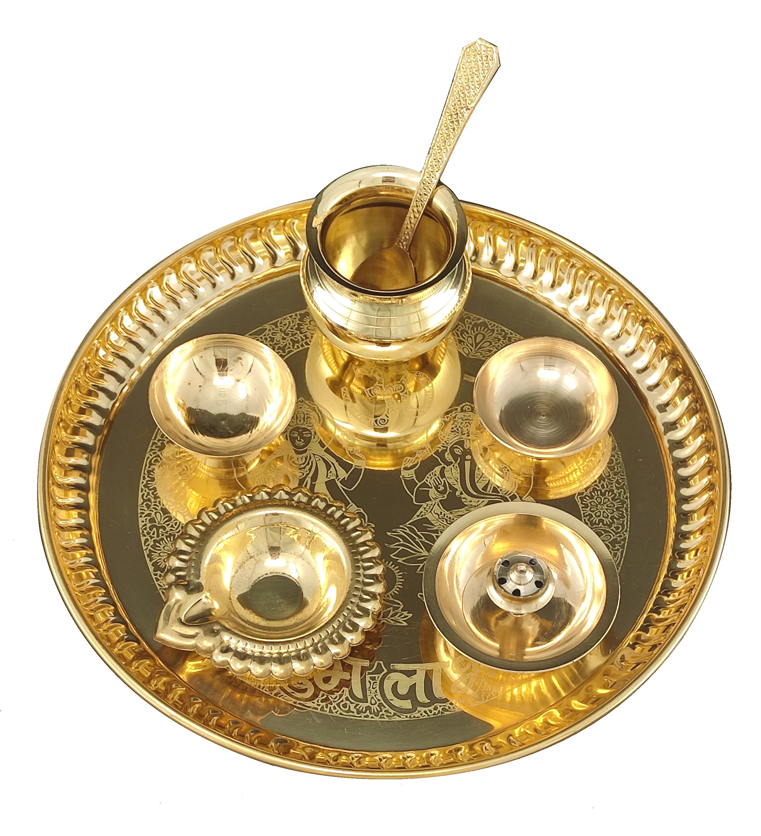 Bengalen Brass Pooja thali Set 8 Inch with Pital Plate Kalash Spoon Diya Bowl Dhup Dan Ghanti Daily Puja Thali for Diwali Home Mandir Office Wedding Return Gift Items