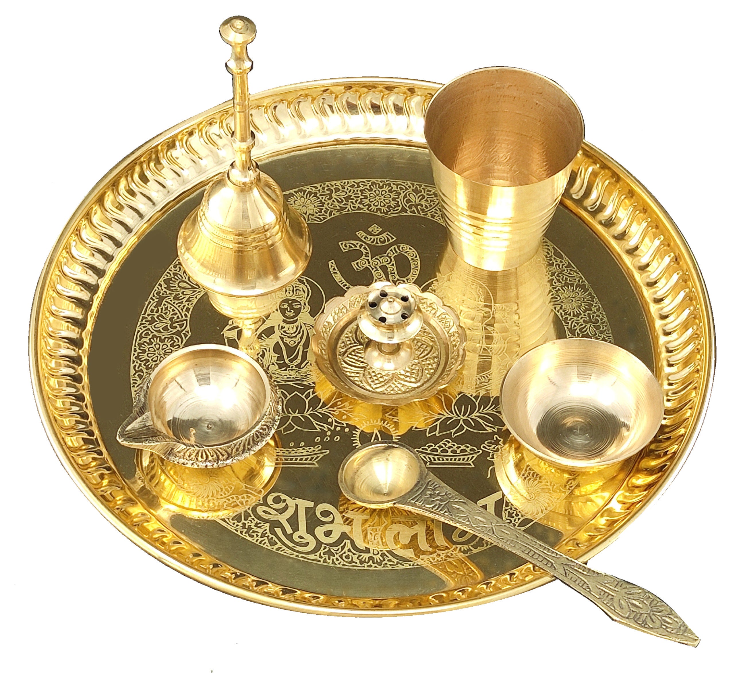 Bengalen Brass Pooja thali Set 8 Inch with Pital Plate Glass Spoon Diya Bowl Designed Dhup Dan Ghanti Daily Puja Thali for Diwali Home Mandir Office Wedding Return Gift Items