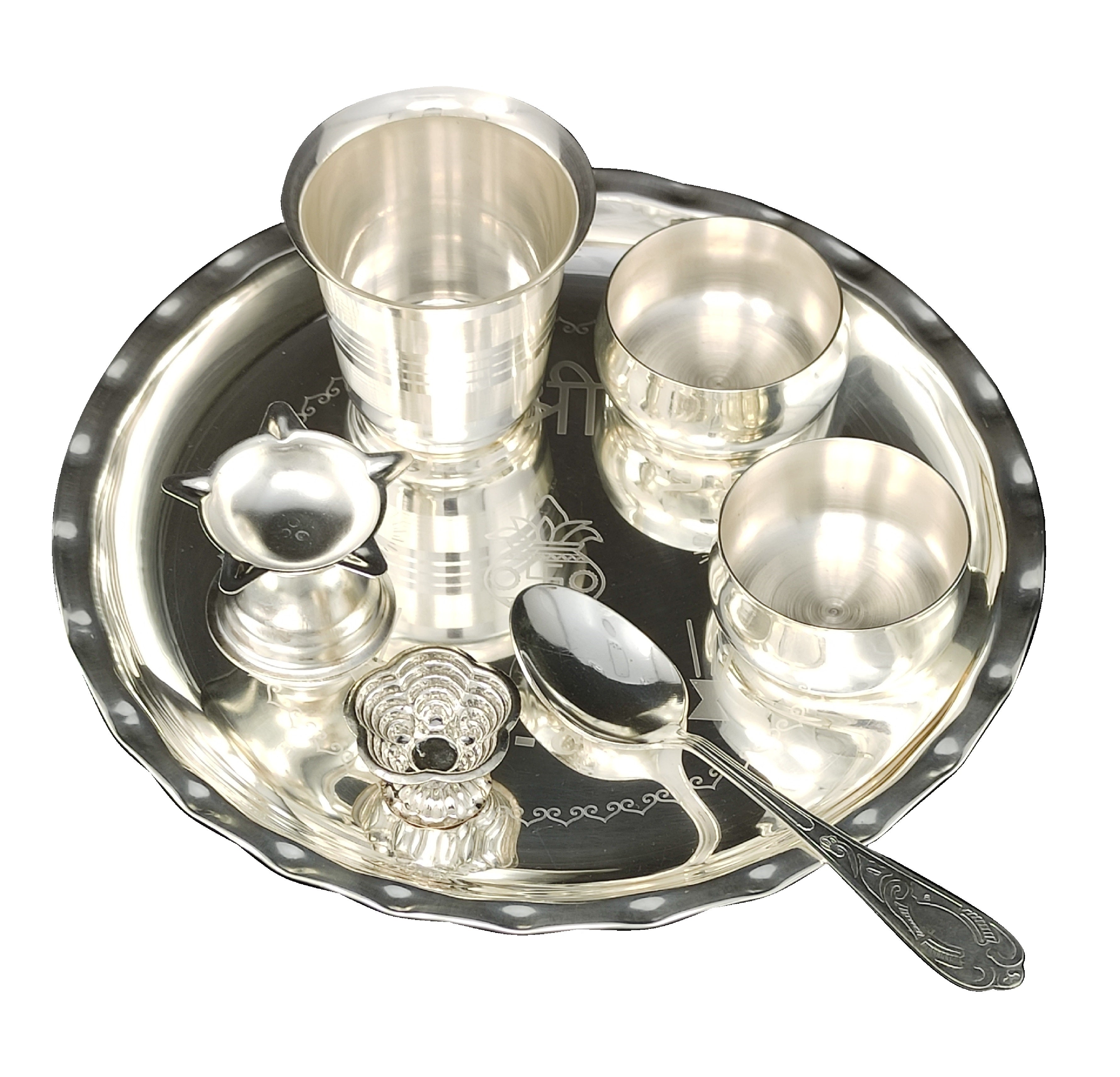 BENGALEN Silver Plated Pooja thali Set 8 Inch with Plate Bowl Glass Diya Spoon Kumkum Holder Puja Thali for Diwali Home Mandir Office Wedding Return Gift Items