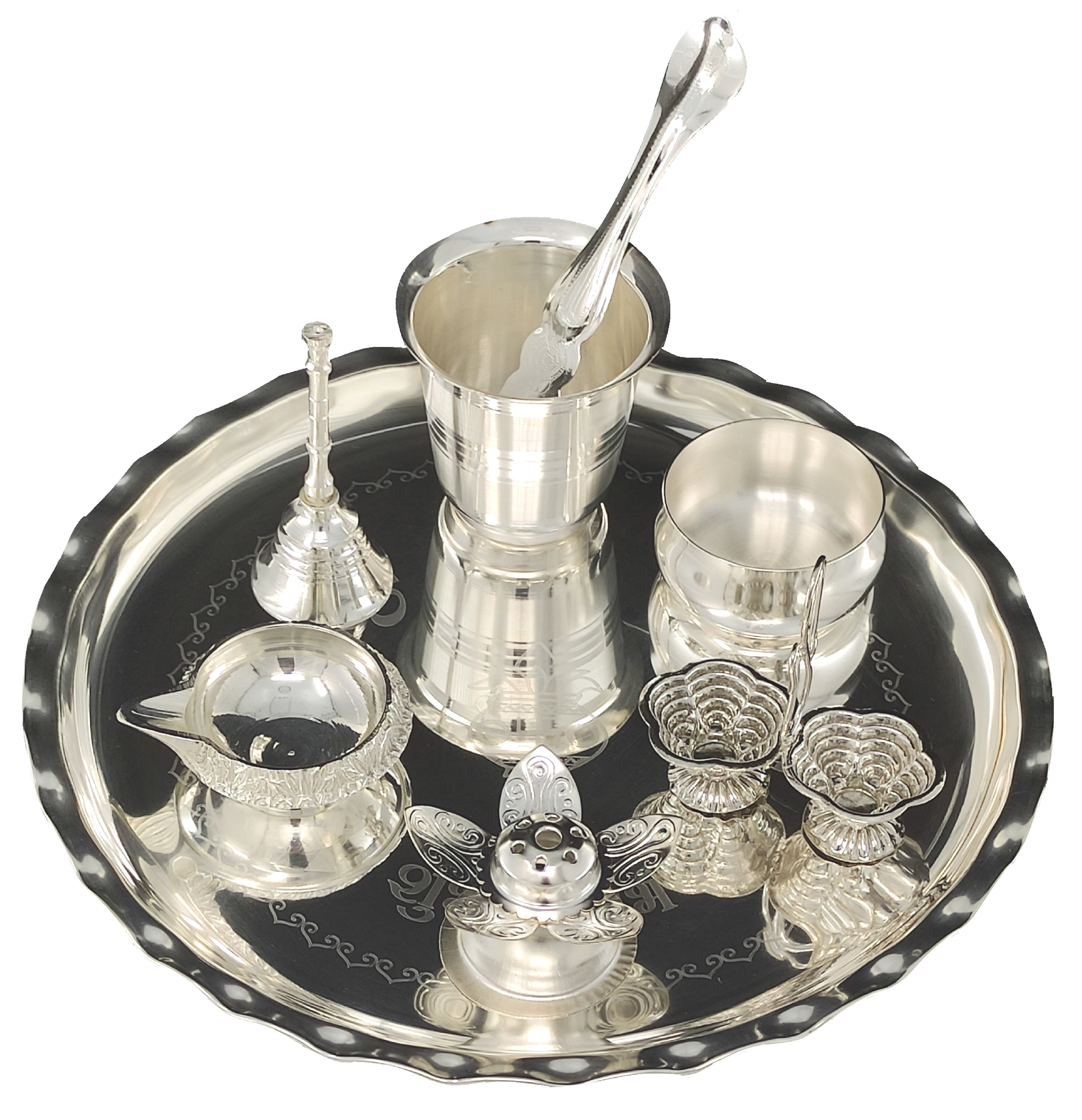 Bengalen Silver Plated Pooja thali Set 9.5 Inch with Plate Kuber Diya Haldi Kumkum Holder Glass Bowl Agarbatti Stand Ghanti Puja Thali for Home Mandir Office Diwali Wedding Return Gift Items