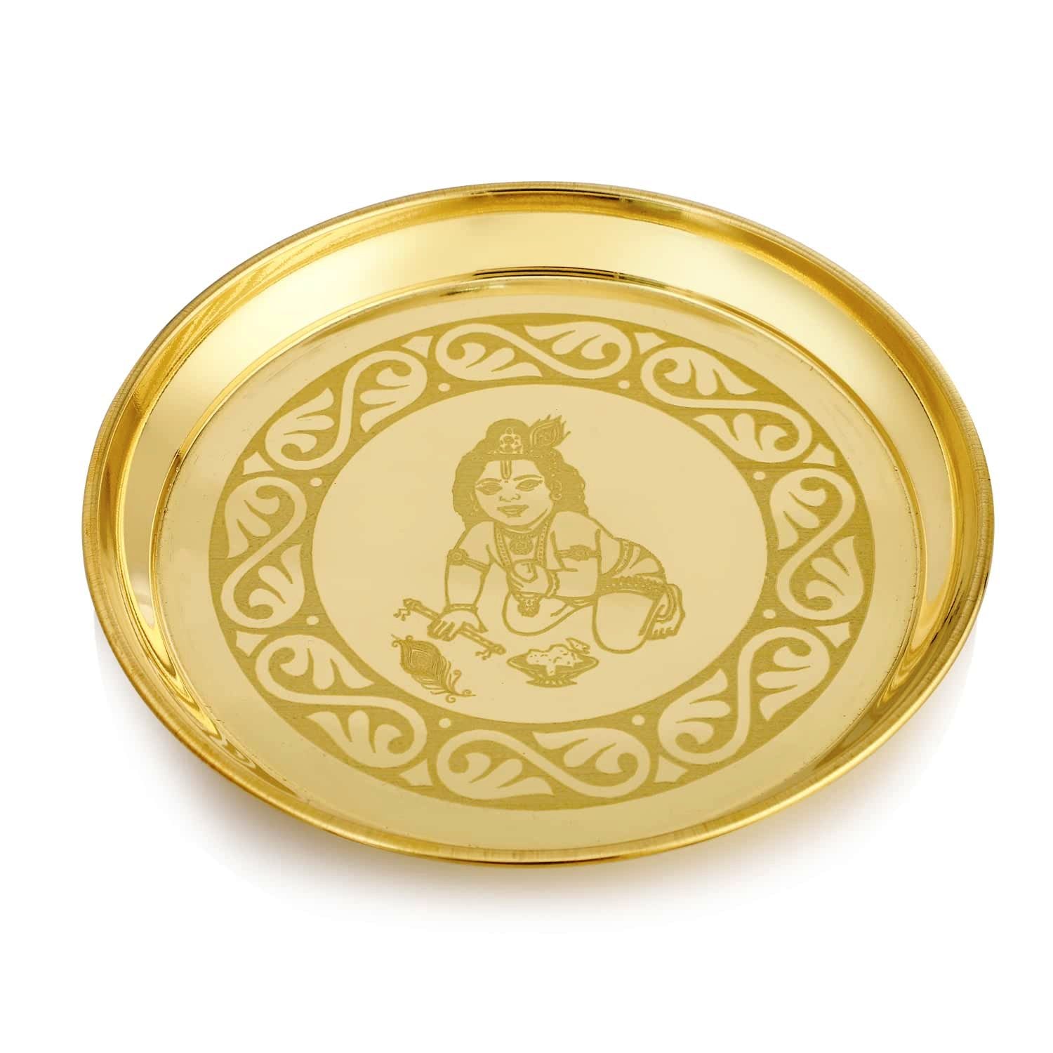 Bengalen Brass Pooja Bhog thali Set 7 Inch Festival Kanha Krishna Thali Puja Set for Diwali Home Office Mandir Wedding Return Gift Items