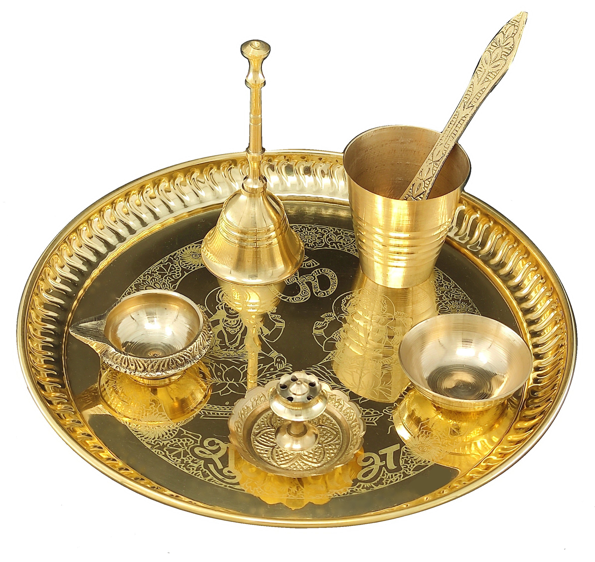 Bengalen Brass Pooja thali Set 8 Inch with Pital Plate Glass Spoon Diya Bowl Designed Dhup Dan Ghanti Daily Puja Thali for Diwali Home Mandir Office Wedding Return Gift Items